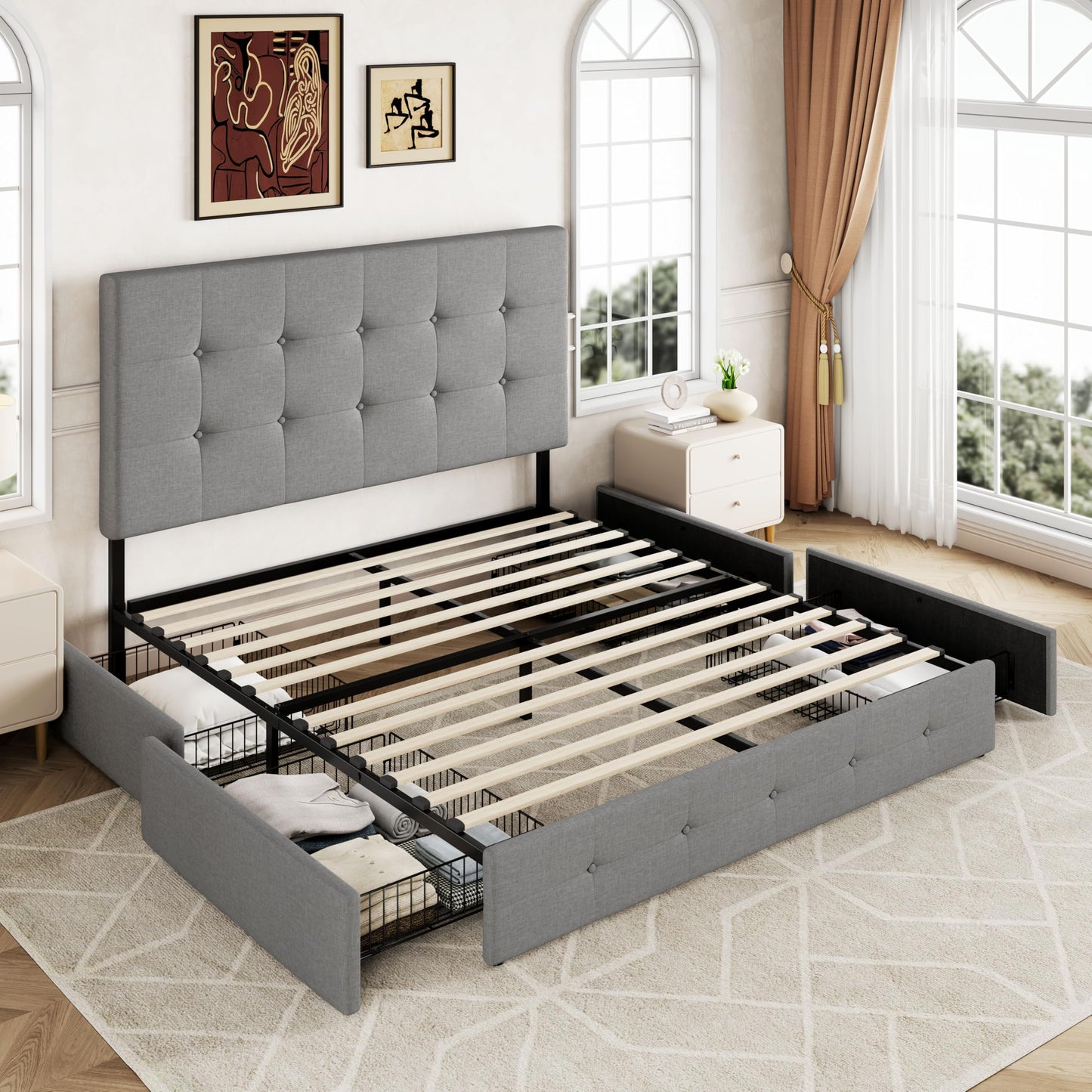 Allewie Upholstered Full Size Platform Bed Frame with 4 Storage Drawers and Headboard, Square Stitched Button Tufted, Mattress Foundation with Wooden Slats Support, No Box Spring Needed, Light Grey