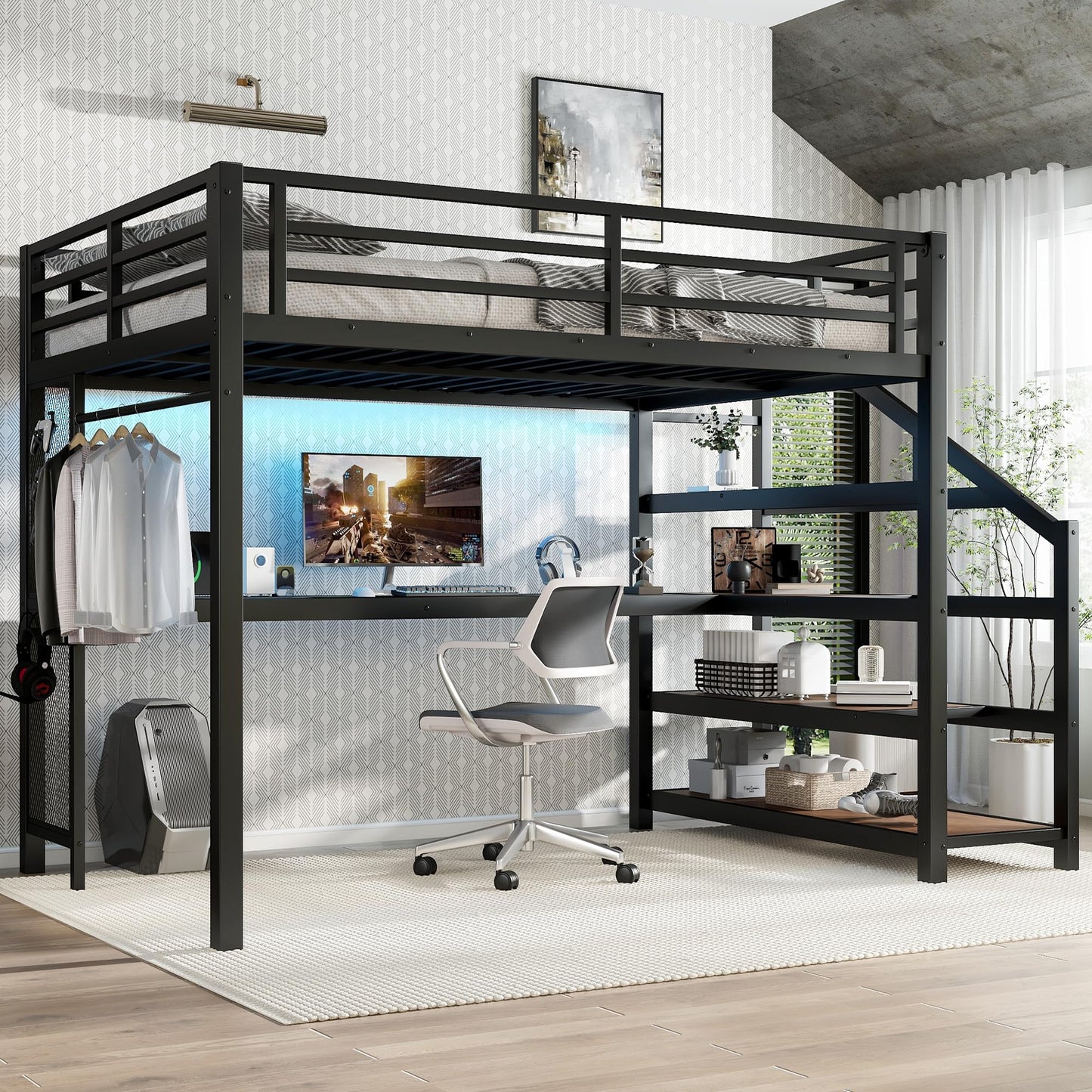 Bellemave Metal Full Size Loft Bed with Desk and Storage Stairs,Heavy Duty Loft Bed Frame Full Size with LED Lights and Charging Station for Kids,Teens,Adults,Black