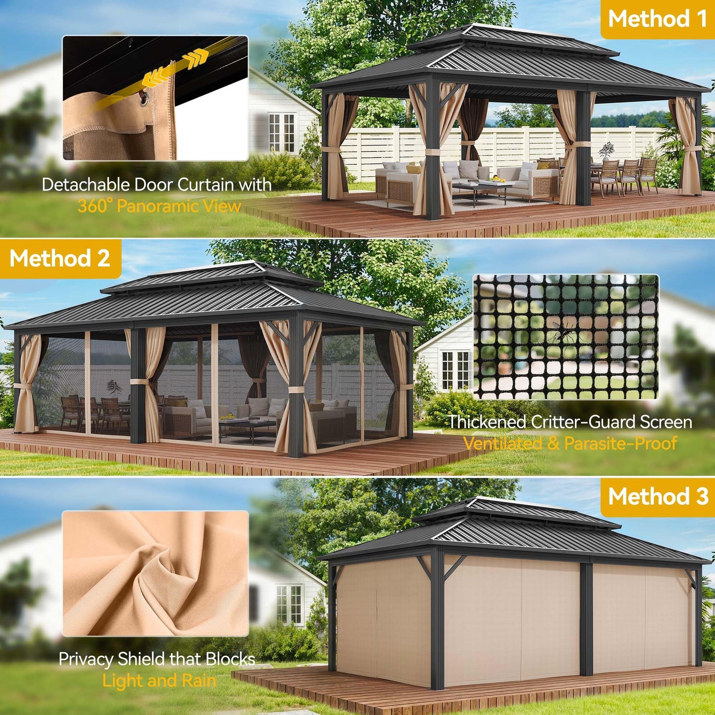 DWVO 20x12ft Aluminum Gazebo Hardtop Double Roof Canopy Outdoor Gazebo Galvanized Roof with Netting and Curtain Garden Tent for Patio, Backyard and Deck