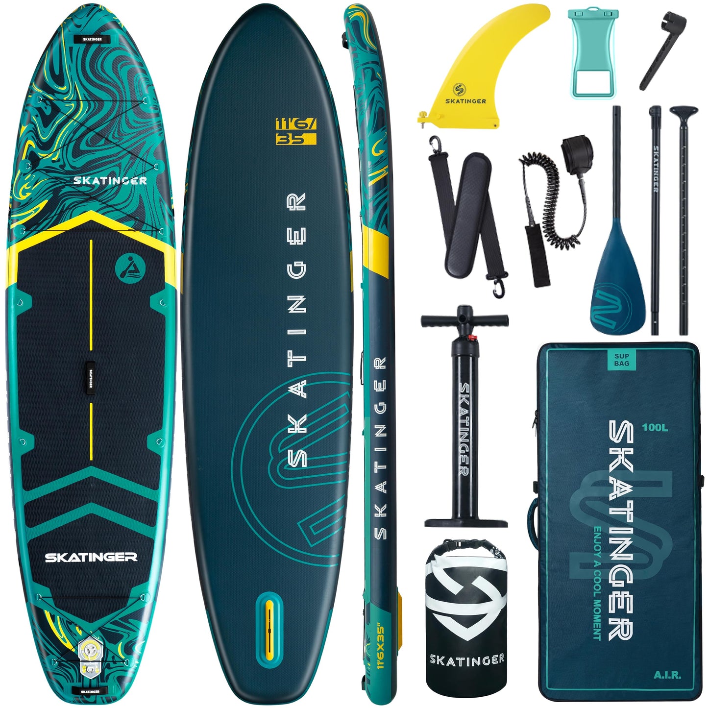 Skatinger 11'6×35" Super Wide Inflatable Paddle Board, Ultra Stable Stand Up Paddleboards for 450lb/3 People/Family/Big Size w/Shoulder Strap, 100L Backpack, Ultra-Light All-Round Sup Board