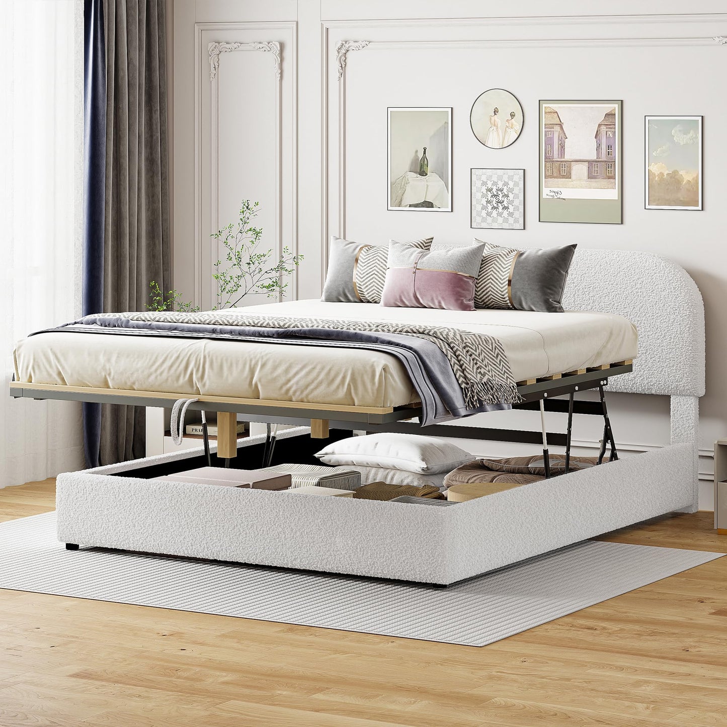 Merax Teddy Fleece Queen Size Upholstered Platform Bed with Hydraulic Storage System, White