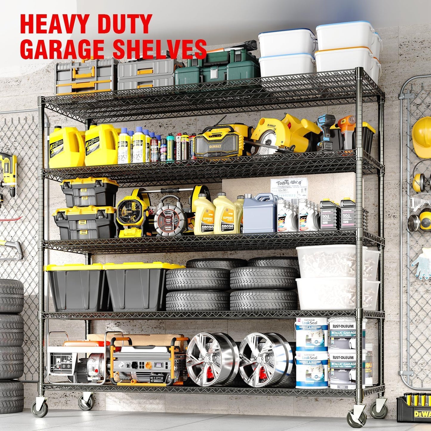 ActiveTrail 82.6" H x 59" W Storage Rack with Wheels, 5-Tier Heavy-Duty Wire Shelving Unit, Adjustable Shelves, Supports up to 3300 LBS, Ideal for Garage, Kitchen, Pantry, and Home Organization