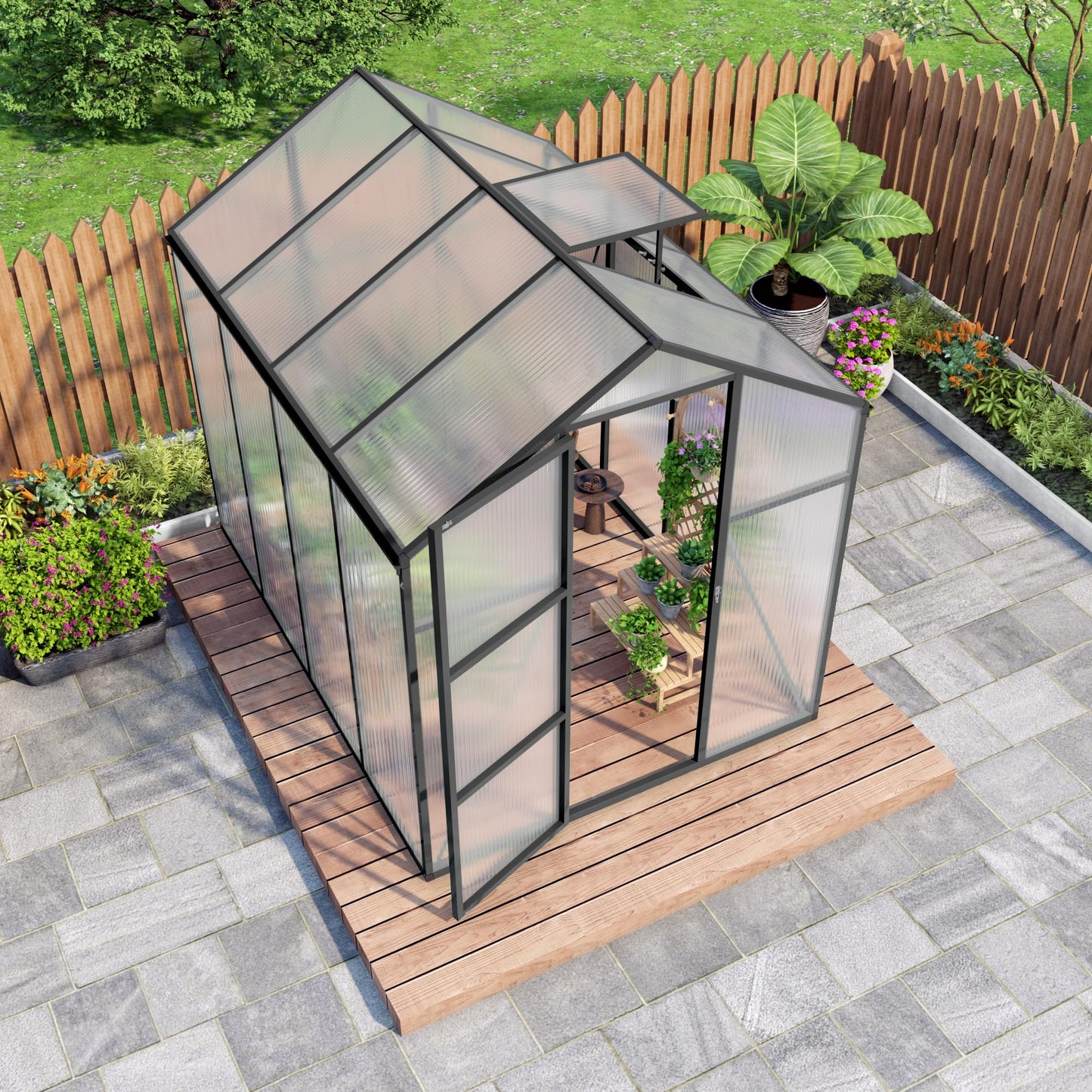 Walk-in Greenhouse 6x14FT, Aluminum Frame Polycarbonate Green House Kit, Heavy-Duty Plant Shelter with Vent Windows & Drainage System, UV Resistant Outdoor Garden Greenhouse for Vegetables Flowers