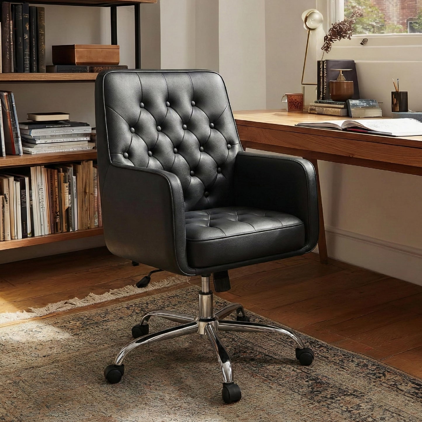 COLAMY Verso Home Desk Chair with Armrest, Leather Swivel Office Chair Adjustment Height with Wheels, Comfortable Padded Seat, Black