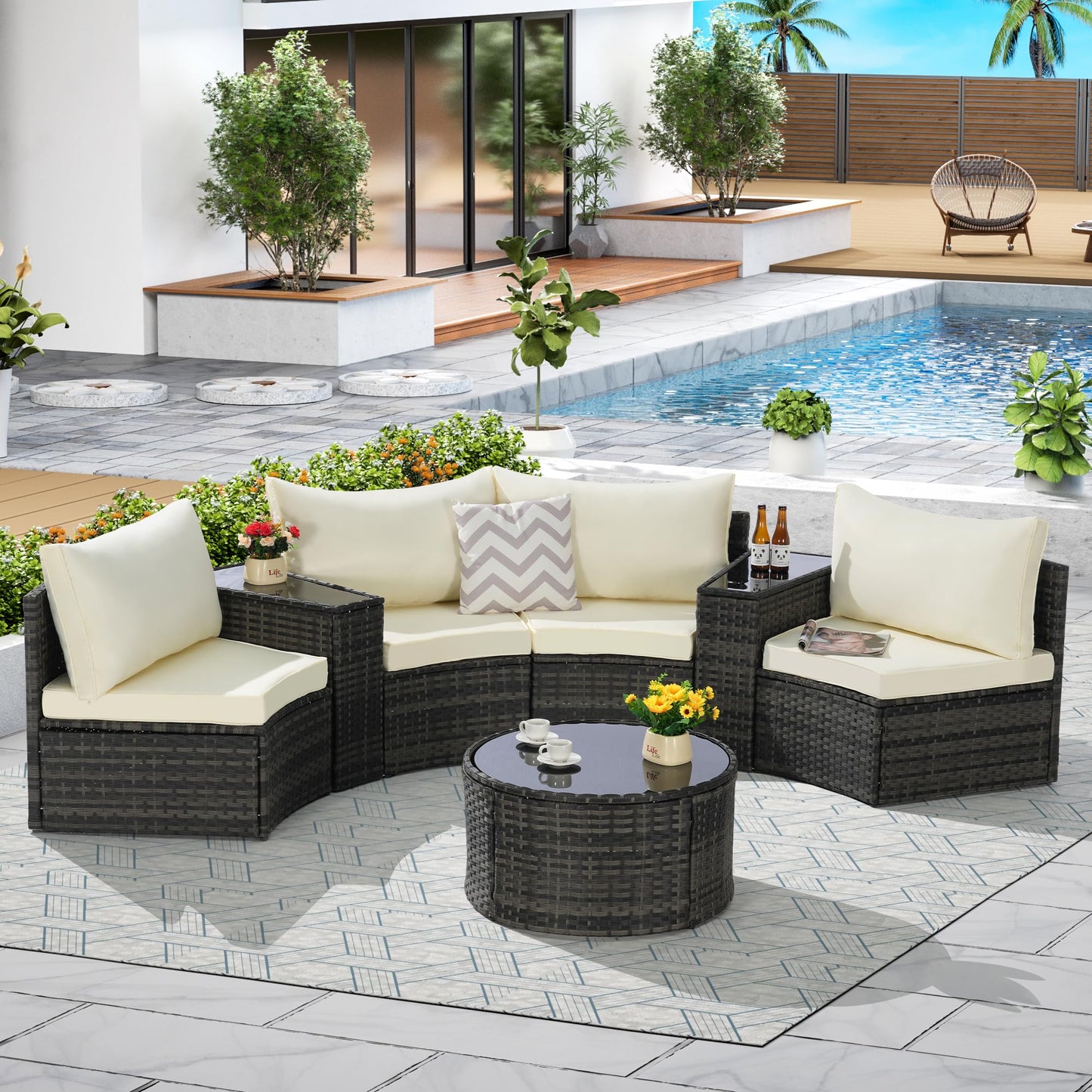 KEIKI 7-Piece Half-Moon Outdoor Patio Furniture Set, Rattan Patio Conversation Set with Coffee Table & 2 Sofa Side Table & 4 Curved Armless Sofa, Wicker Curved Sectional Sofa Set, for Backyard, Beige