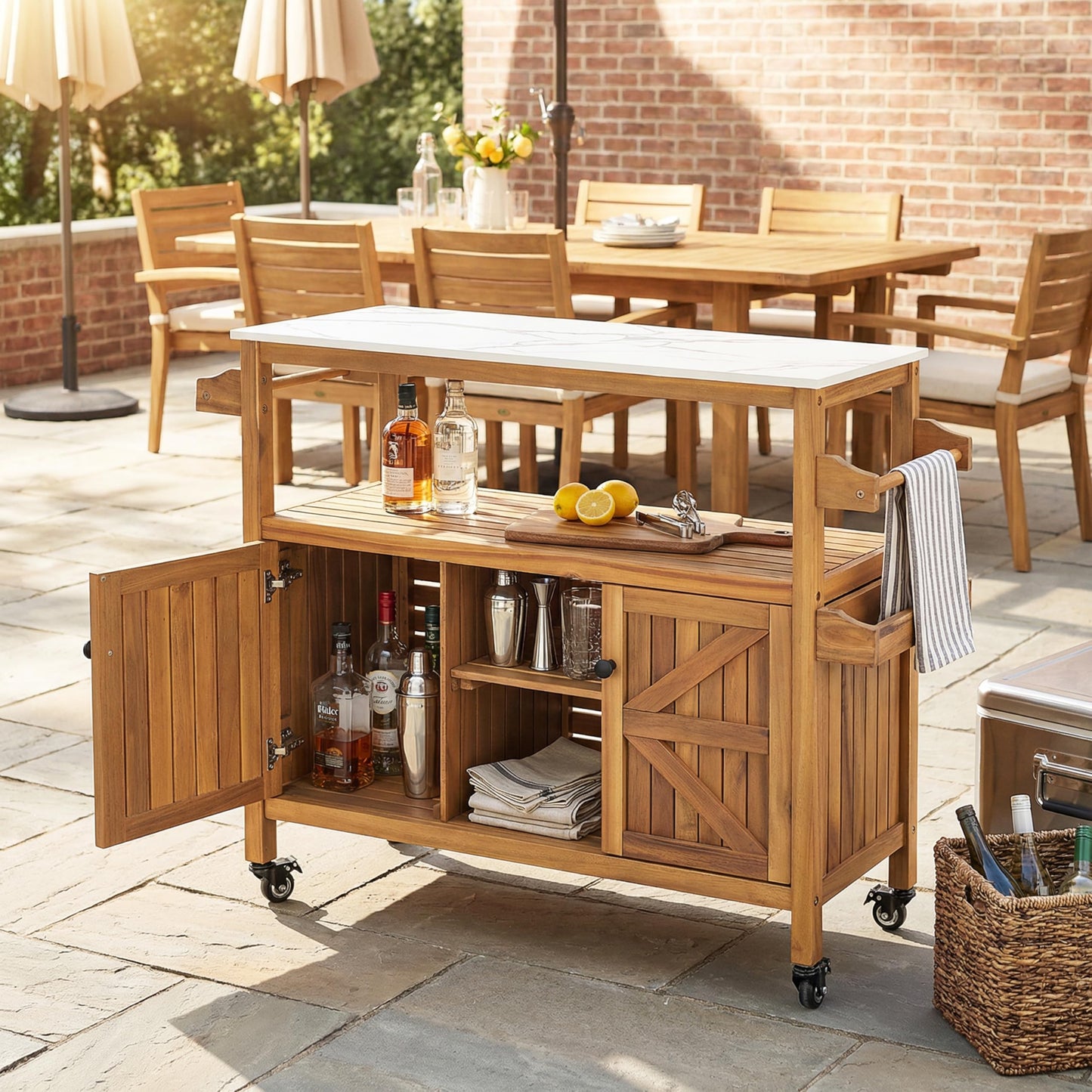 Christopher Knight Home Shina Outdoor Bar Cart with Marble-Effect Top + Lockable Wheels, Acacia Wood Outdoor Storage Cabinet with Open Shelves and 2 Doors, Kitchen Island Serving Cart, Natural