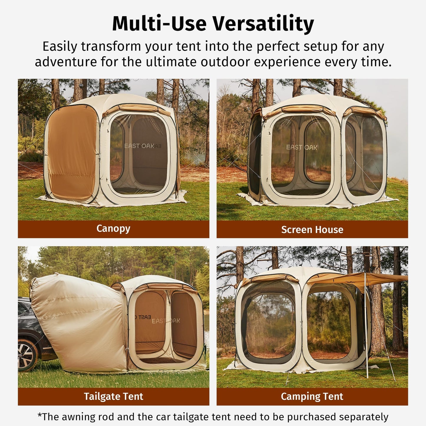 East Oak 12x12 FT Pop Up Canopy Tent with Mosquito Netting, Instant Gazebo Screen House with 6 Sunshades, UPF 50+ UV Protection Waterproof Outdoor Shelter for Patio, Backyard, Deck & Camping, Beige