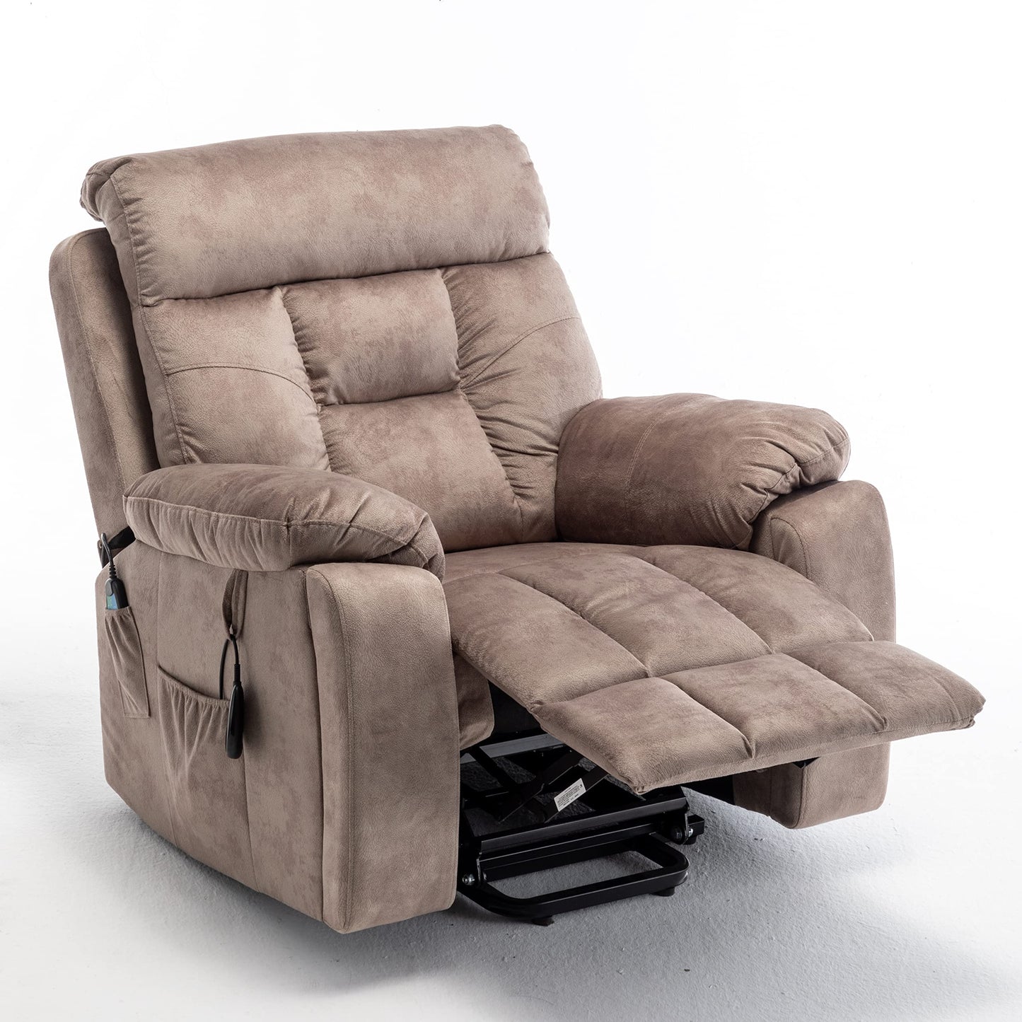 Power Lift Recliner Chair with Heat and Massage Oversized Electric Reclining Sofa Chair Wide Seat Living Room Recliner with Cup Holders for Adults, Light Brown