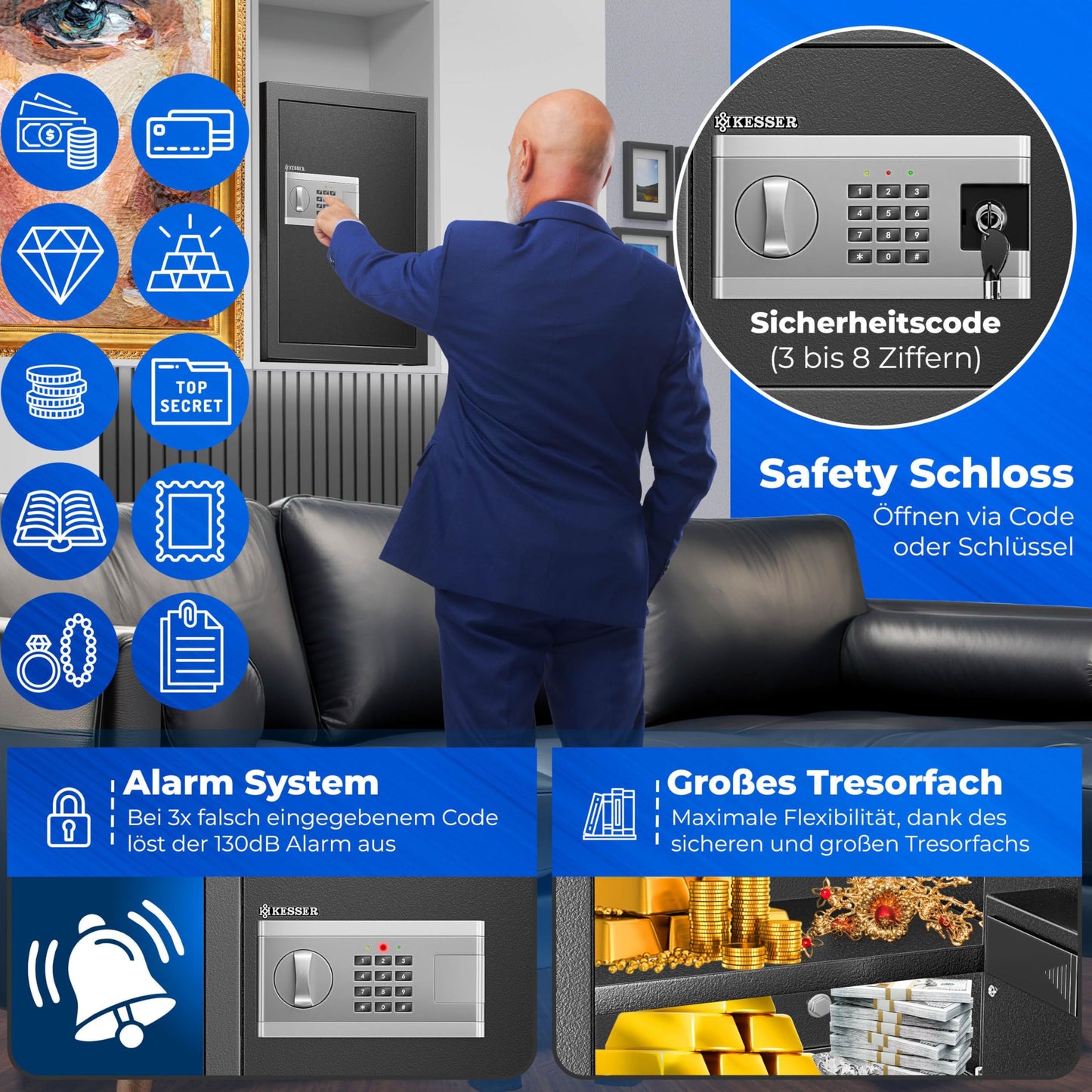 KESSER Electronic Safe | 35 x 25 x 25 cm | With Battery Box | Electronic Safe | 3 x Double Bolt Lock | Floor Wall Safe | Furniture Safe | Lighting