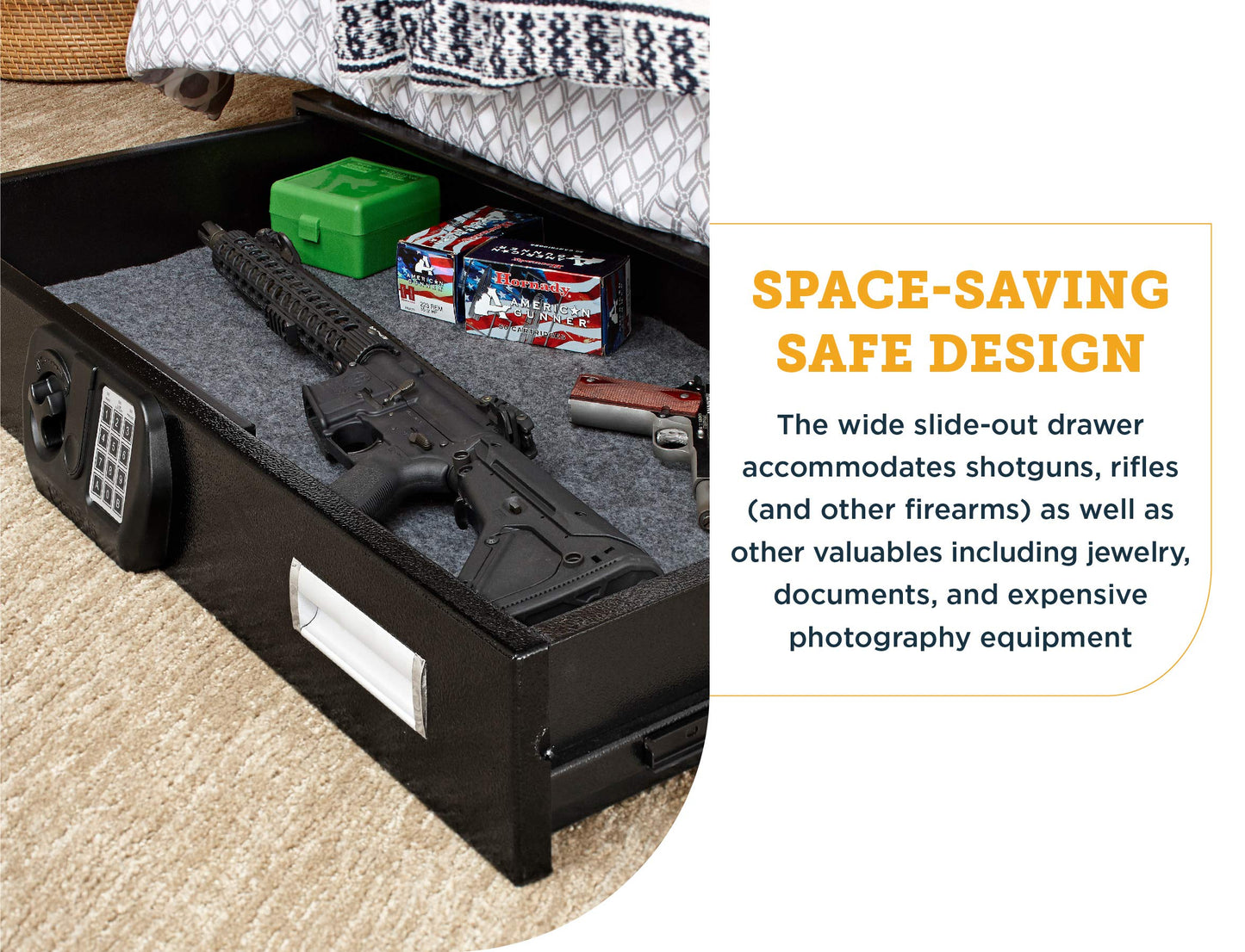 SnapSafe Under Bed Safe, Large – Under Bed Gun Safe for Firearms, Ammunition and Valuables – Fits in Trunk of Small SUVs – Easy Access, Out of Sight, Space Saving – Black, 40 x 6 x 22 Inches