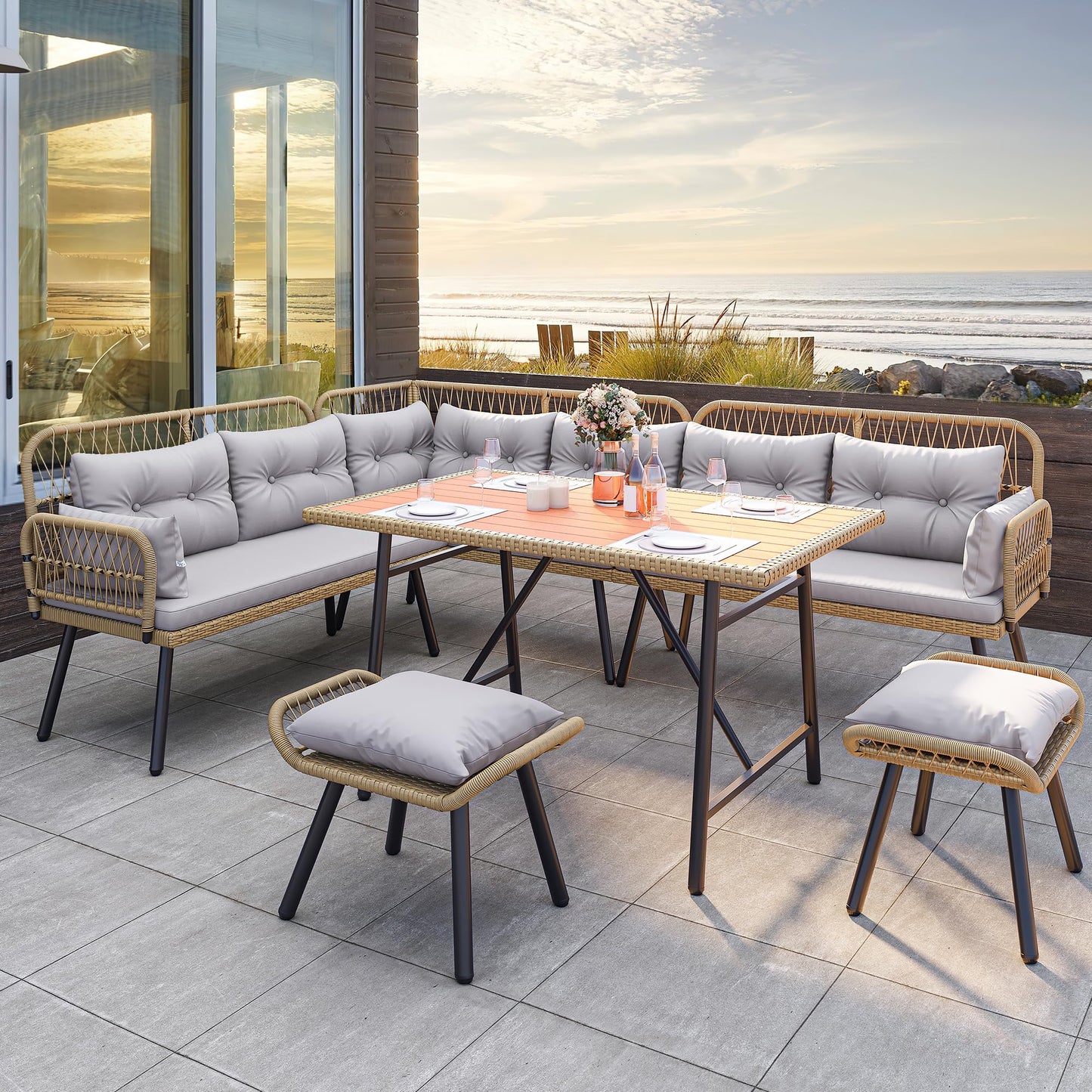 YITAHOME Patio Wicker L-Shaped Furniture Set, All-Weather Rattan Outdoor Conversation Sofa Set for Backyard Deck with Soft Cushions,Ottomans and Wood-Like Dining Table, Light Brown+Gray