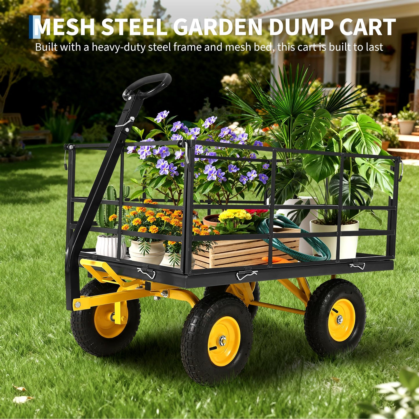 Heavy Duty 1500 Lbs Capacity Mesh Steel Garden Cart Folding Utility Wagon with Removable Sides, Garden Cart on Wheels for Gardening Soil, Tools, and Plant Transport