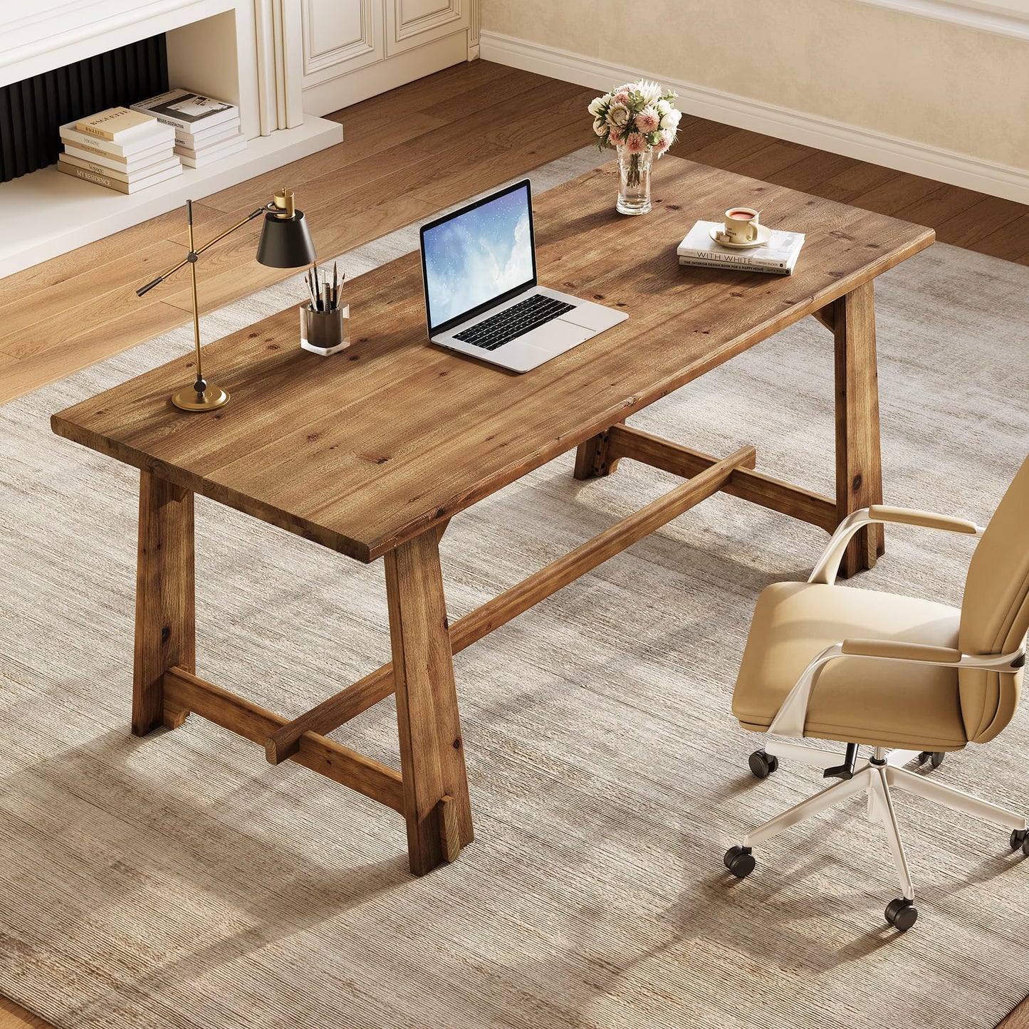 LITTLE TREE 63" Solid Wood Office Desk, Farmhouse Executive Computer Desk, Large Work Writing Table, Rustic Brown Home Office Workstaticon, Business Furniture