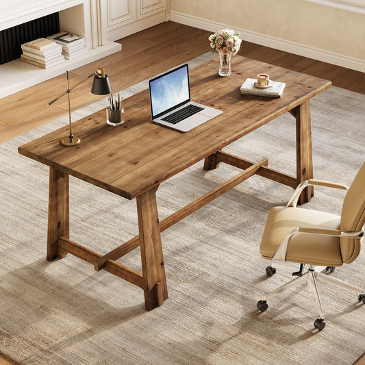 LITTLE TREE 63" Solid Wood Office Desk, Farmhouse Executive Computer Desk, Large Work Writing Table, Rustic Brown Home Office Workstaticon, Business Furniture