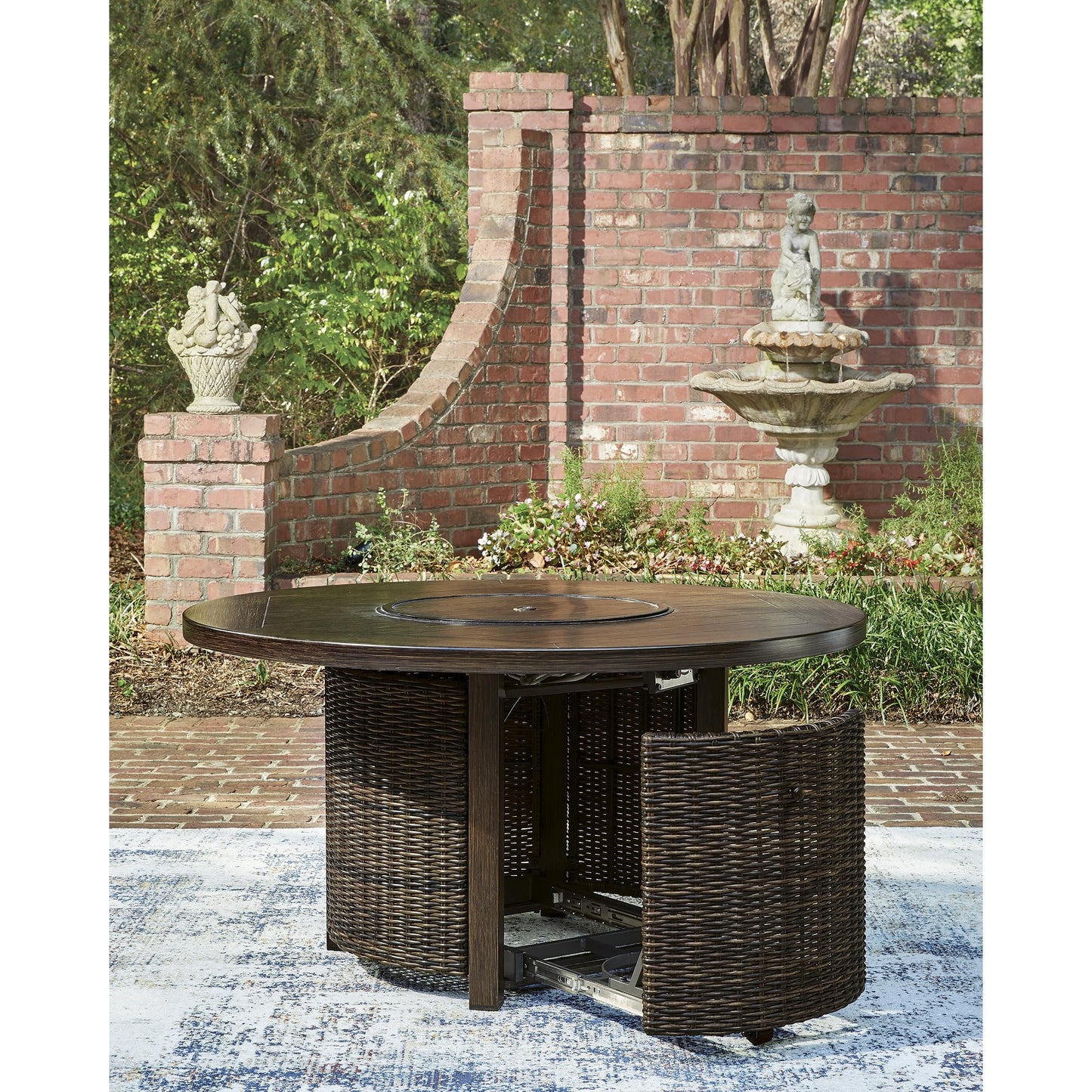 Signature Design by Ashley Drakes Beach Fire Pit Table, 55,000 BTU Stainless Steel Burner, Resin Wicker on Aluminum Frame, Wood-Look Finish for Patio Deck Entertaining, 48' Square
