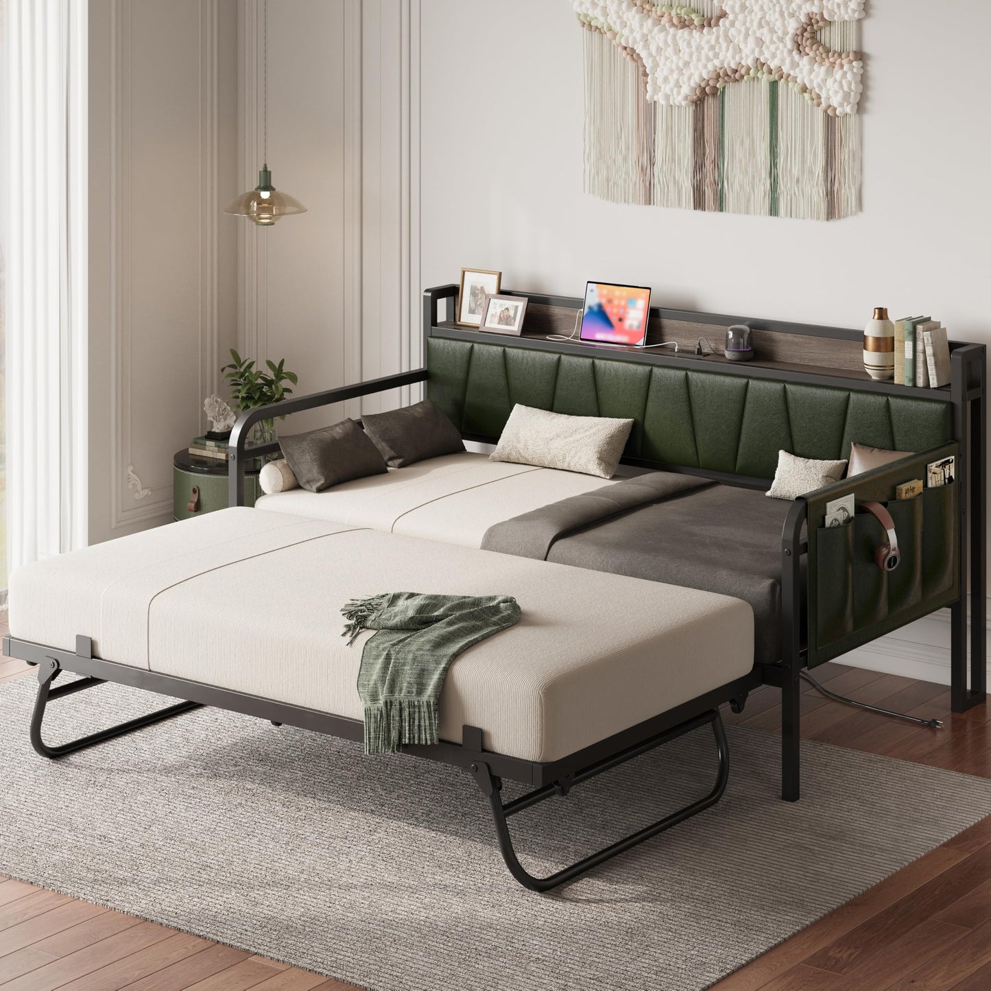 LIKIMIO Twin Daybed, Day Bed with Trundle, Storage Upholstered Headboard and Charging Station, Trundle Bed with Strong Supports for Living Room, Bedroom, and Guest Room, Dark Green