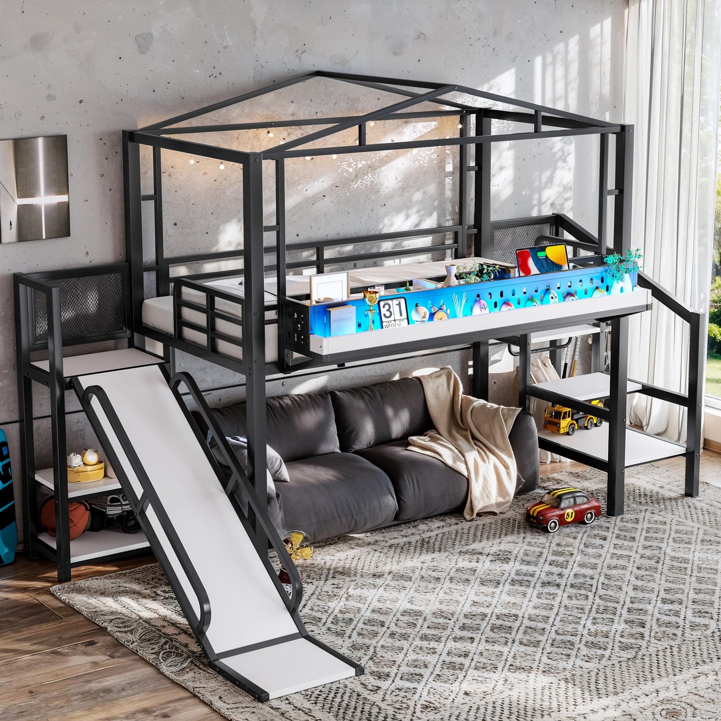 Twin Size Loft Bed with Storage Stairs, Shelves, Bedside Shelf and Wardrobe, Twin Loft Bed with Slide, Charging Station(USB Port, Outlets) and LED Light, House Loft Beds Frame for Girls, Boys, Black