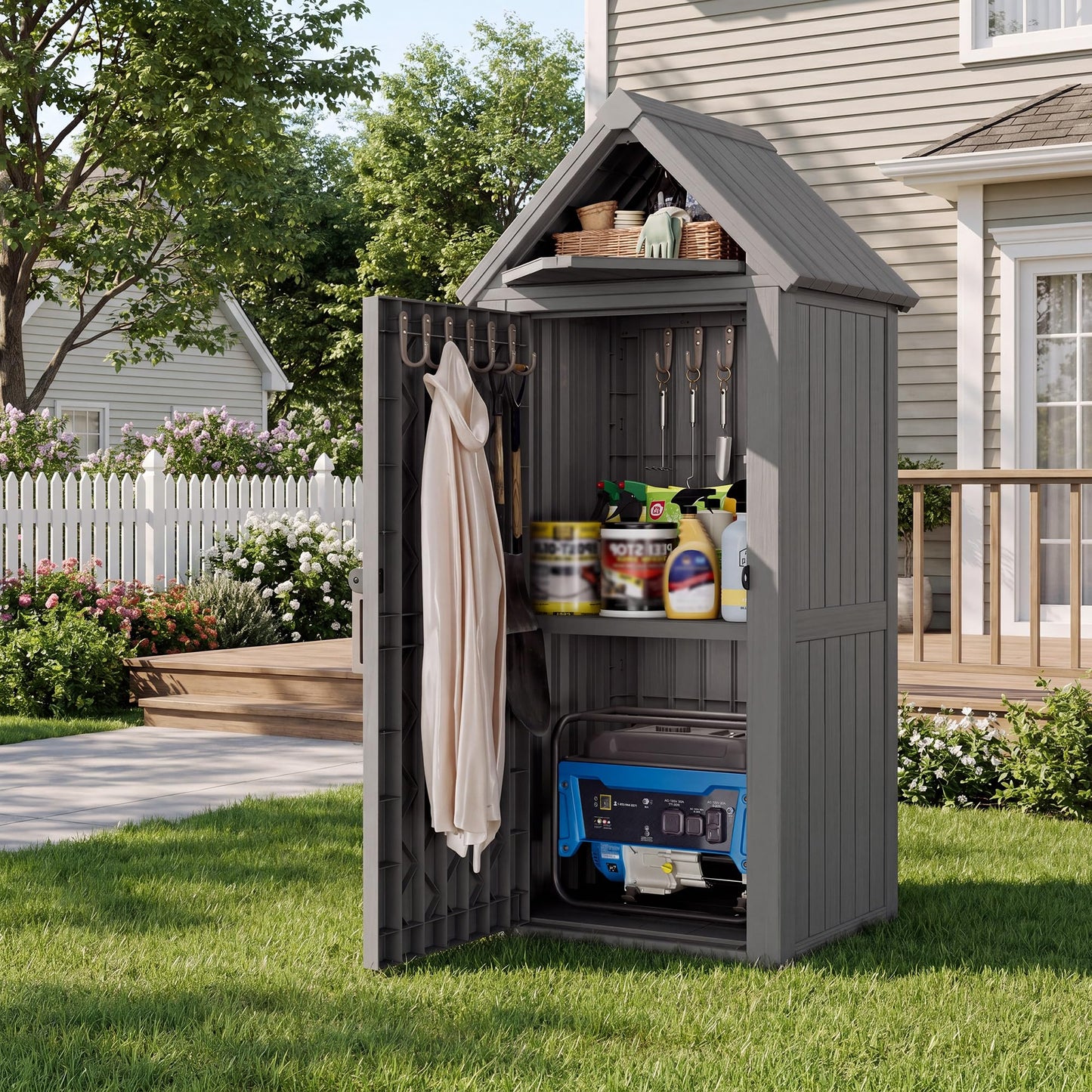 Bifanuo Deck Box Storage Shed Outdoor Storage Cabinet, Vertical Waterproof Resin Material Plastic Shed with Removable Shelves, 12 Hooks and Lock Ring for Garden, Pool and Patio (Classic Grey)