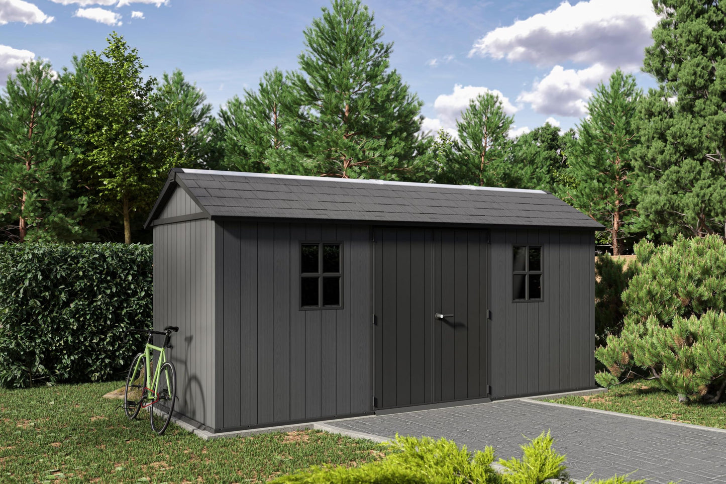 Keter Newton Plus 7.5x15 Ft All-Weather Storage Shed with Skylight, Window, Built-in Ventilation, Customizable Walls, & Lockable Double Doors, Graphite