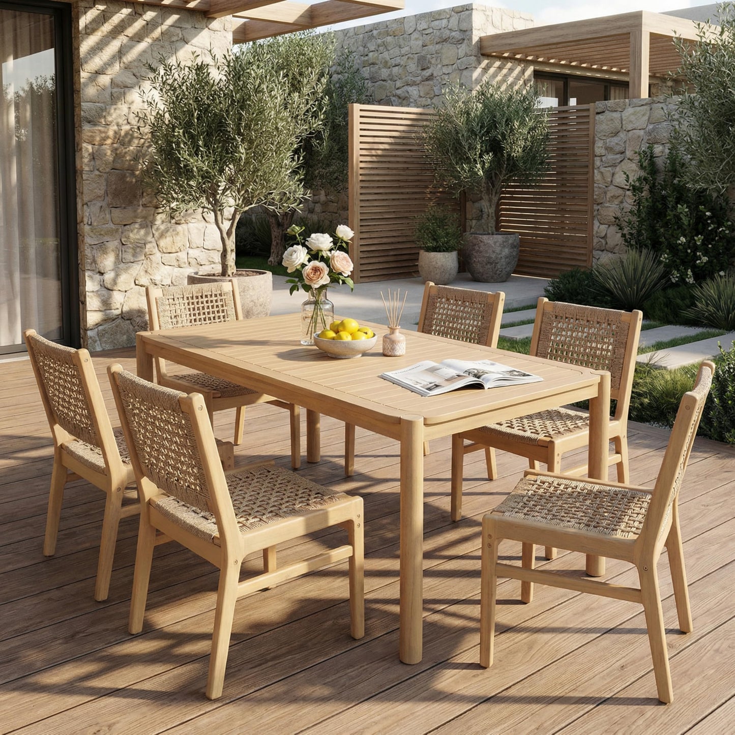 Christopher Knight Home Levi Acacia Wood Dining Table Set for 6, Solid Wood Outdoor Dining Set for 6, 7 Piece Patio Dining Table and Chair Set with Wicker Seat & Back, Light Brown + Light Teak