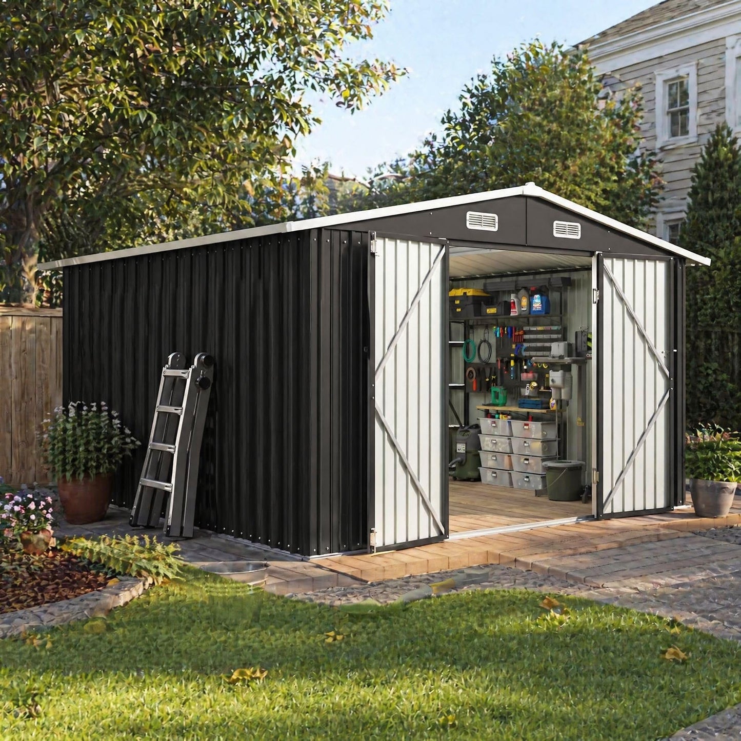 Aoxun 10 x 12FT Outdoor Storage Shed with Double Hinged Large Door Metal Sheds Outdoor Storage for Garden Utility Garden Shed with Lockable Door & Sloped Roof, Backyard, Patio and Backyard, Black
