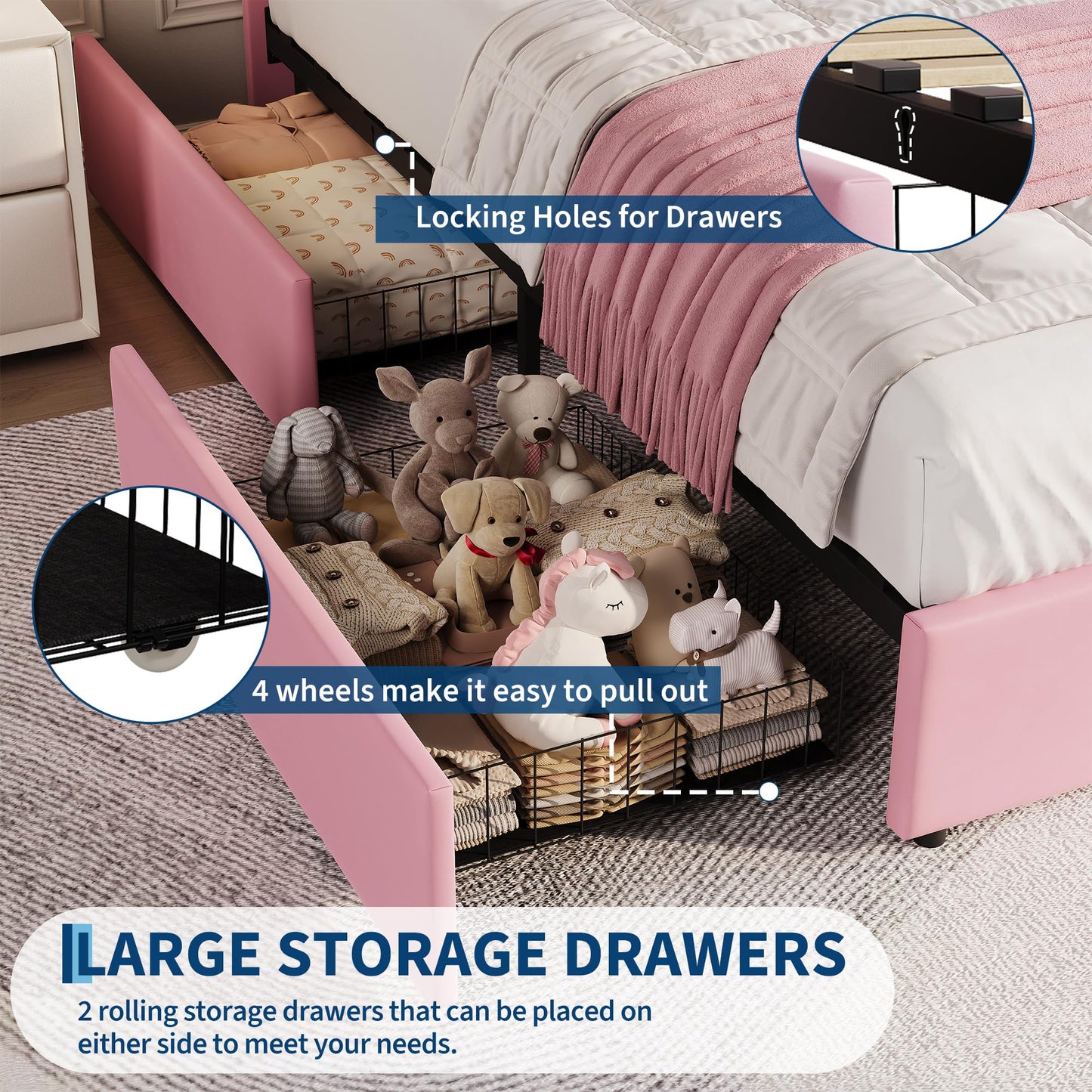 GarveeHome Twin Bed Frame with Storage Headboard, Kids Bed Frame with 2 Drawers, Velvet Upholstered Platform Bed Frame with Lights, No Box Spring Needed, Easy Assembly, Velvet Pink