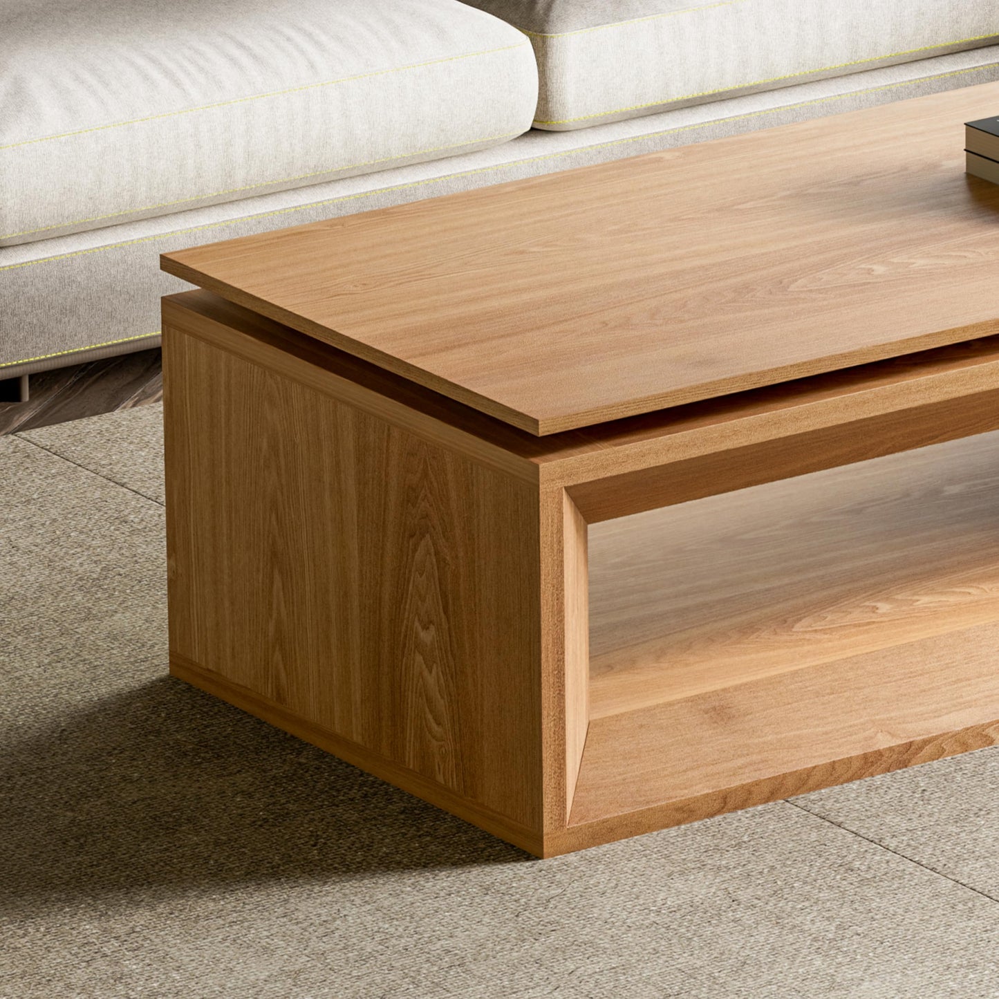 KEIKI 43.3" Lift-Top Coffee Table with Hydraulic Storage, Converts to Desk or Dining Table, Hidden Compartment, Open Shelf, Multifunctional Small Coffee Table for Living Room, Office, Natural Wood