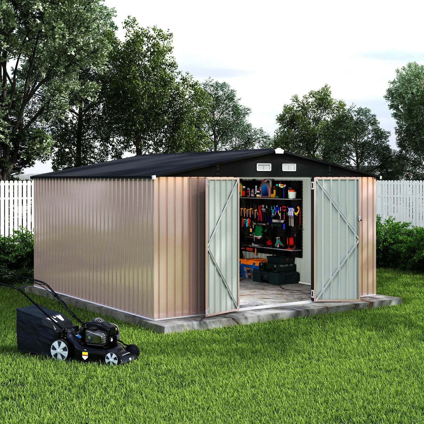 12X12 Ft Outdoor Storage Shed, Galvanized Steel Metal Tool Shed with Secure Lockable Door & Air Ventilation System, Rust-Resistant Utility Shed for Garden, Backyard, Easy Assembly & All-Season Use