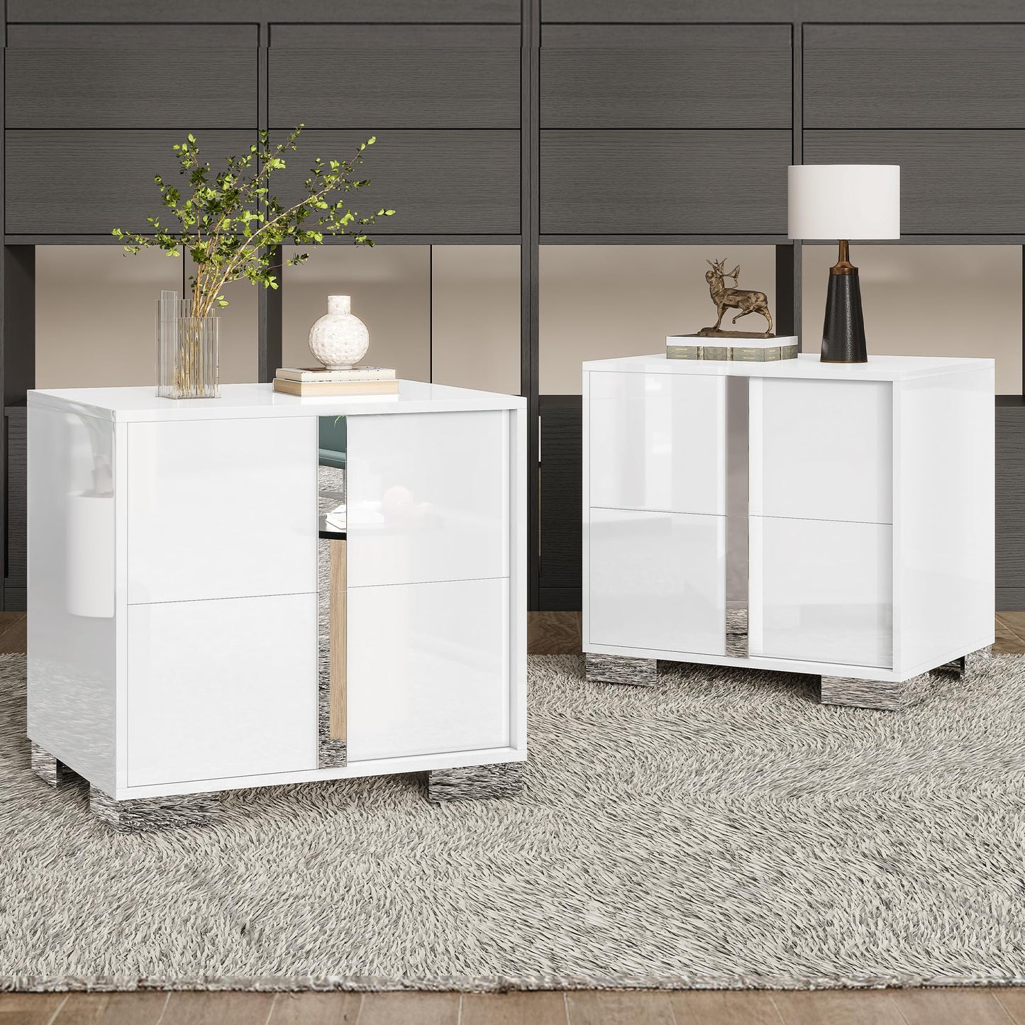 AMERLIFE Nightstand Set of 2, 23.6'' Modern End Table with Drawers, High Gloss UV Finish, Electroplated Pull Handle, Bedside Table for Bedroom, White
