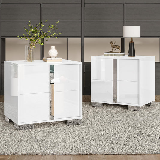 AMERLIFE Nightstand Set of 2, 23.6'' Modern End Table with Drawers, High Gloss UV Finish, Electroplated Pull Handle, Bedside Table for Bedroom, White