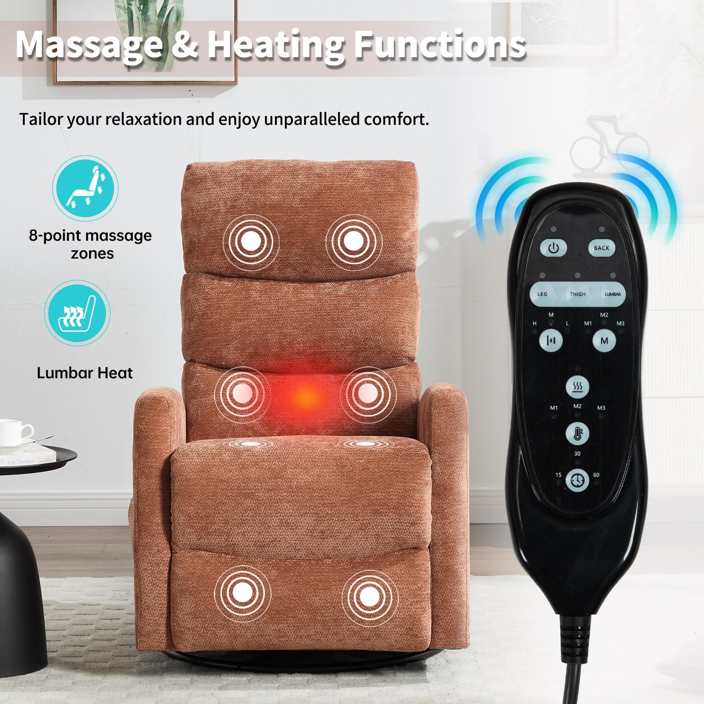 GDFStudio Heat Massage Manual Recliner Chair with Rocking and 360° Swivel, Chenille Fabric Recliner Chair with Lumbar Heat, 8-Point Vibration Massage, 155° Reclining Chair for Living Room, Orange