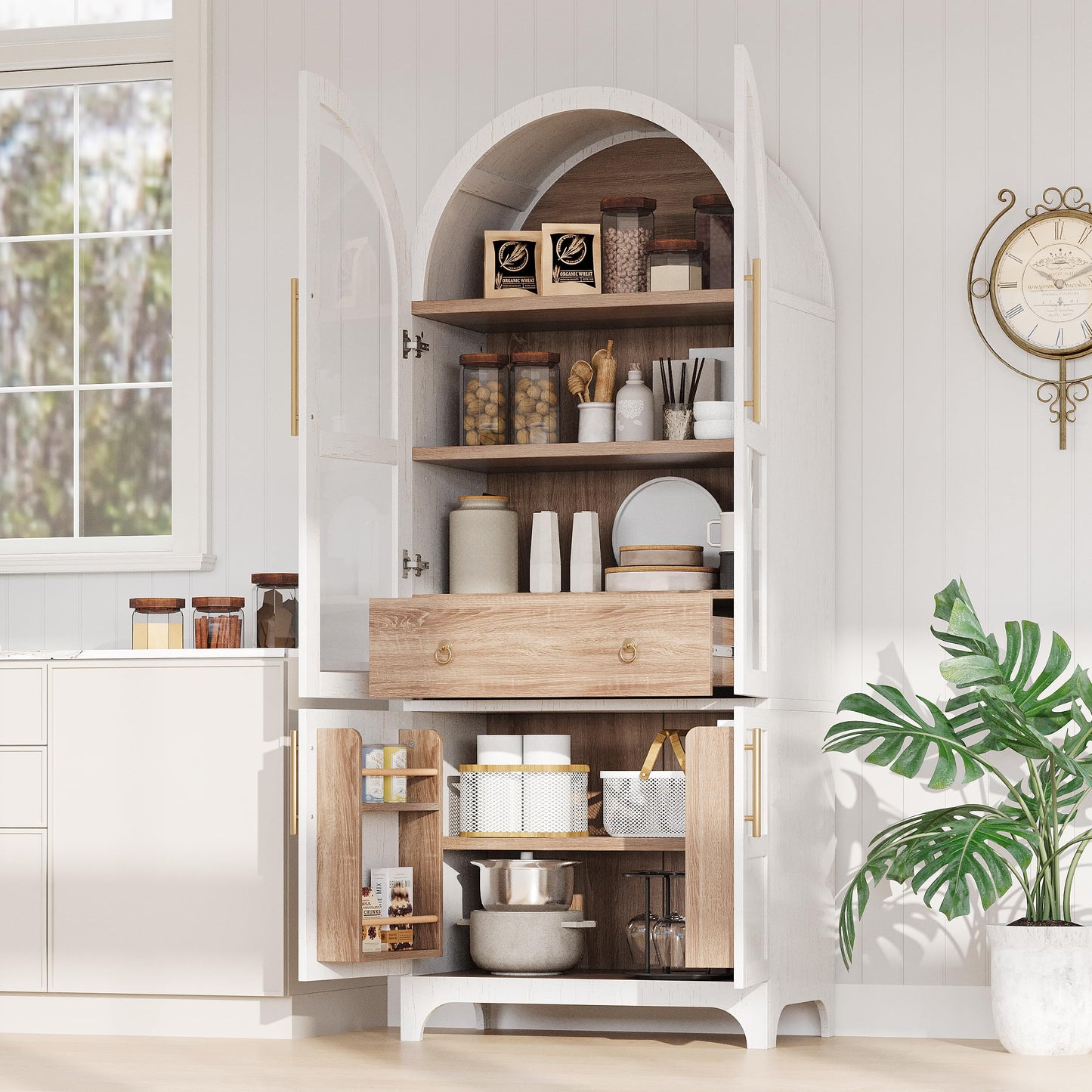 Ball & Cast Arched Kitchen Pantry Cabinet with Door Shelves,Farmhouse Cookroom Storage Cabinets W/Open & Adjustable Shelves,Glass Door & Hidden Drawer,Cupboard for Kitchen,Dining Room,White,71" Tall