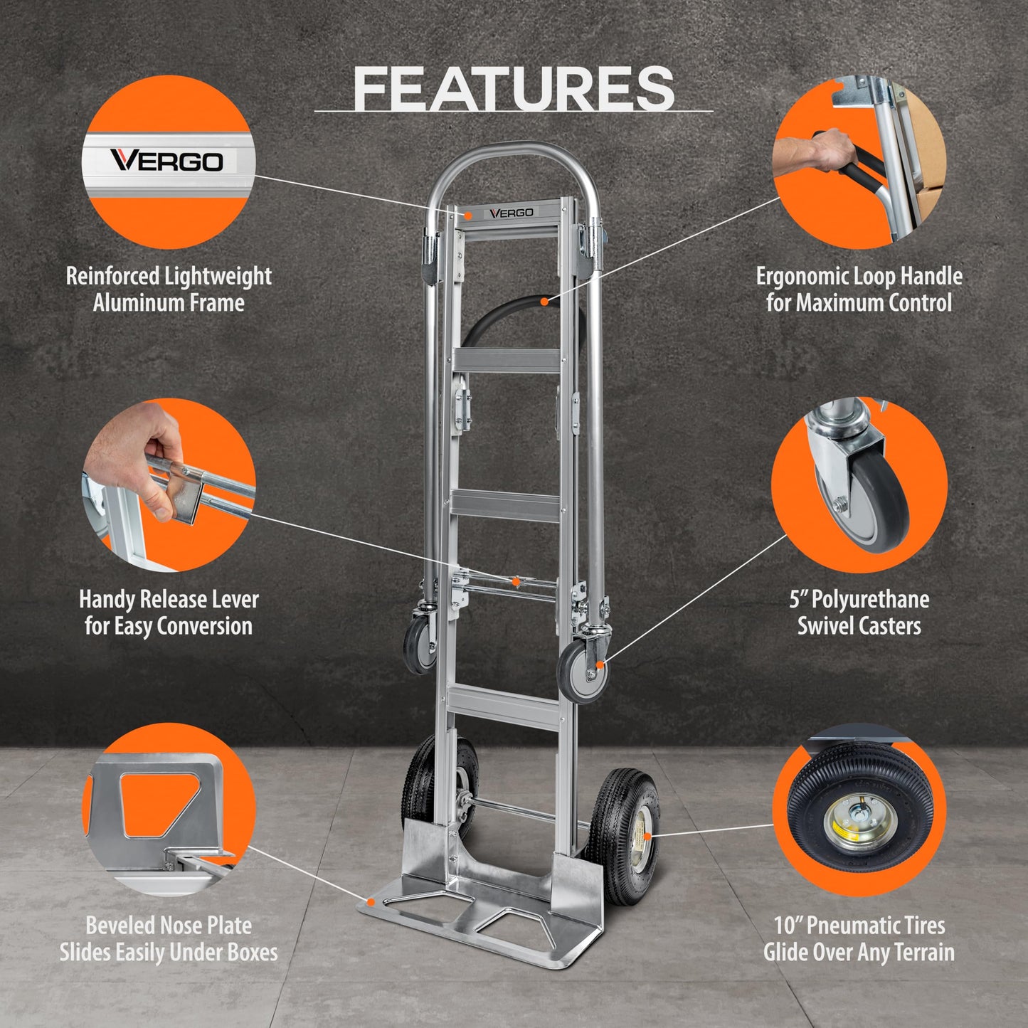 Vergo Industrial Convertible Hand Truck - AS7B Heavy Duty Aluminum 2 in 1 Dolly (800 lb Capacity) Lightweight Reinforced Frame, Ergonomic Handle, Superior Mobility Moving Dolly (2 Positions, 63" High)