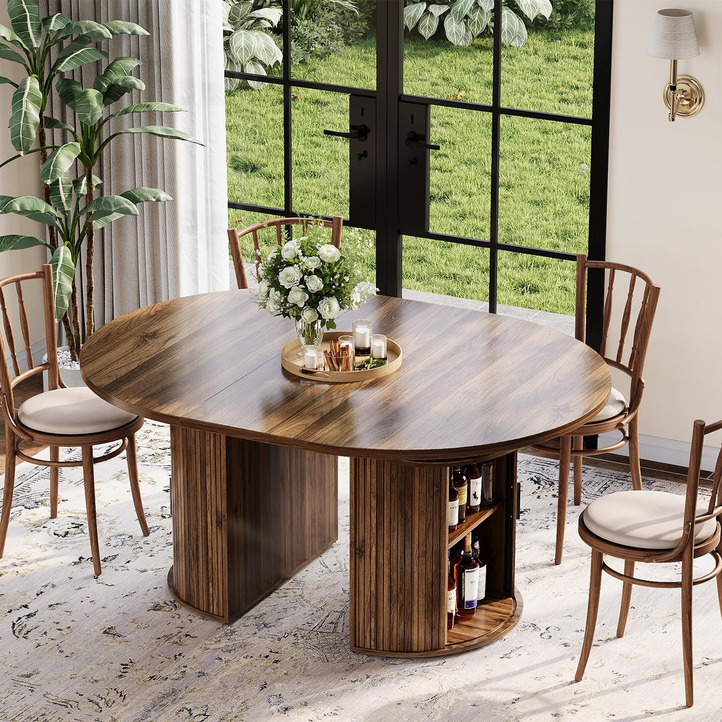Garvee Extendable Round Dining Table with 2-Tier Storage Shelf & Drawer, 47.5 to 63 Inch Expandable Kitchen Table for 4-8 PM, Modern Farmhouse Fluted Pedestal Oval Circle Dinner Table, Walnut