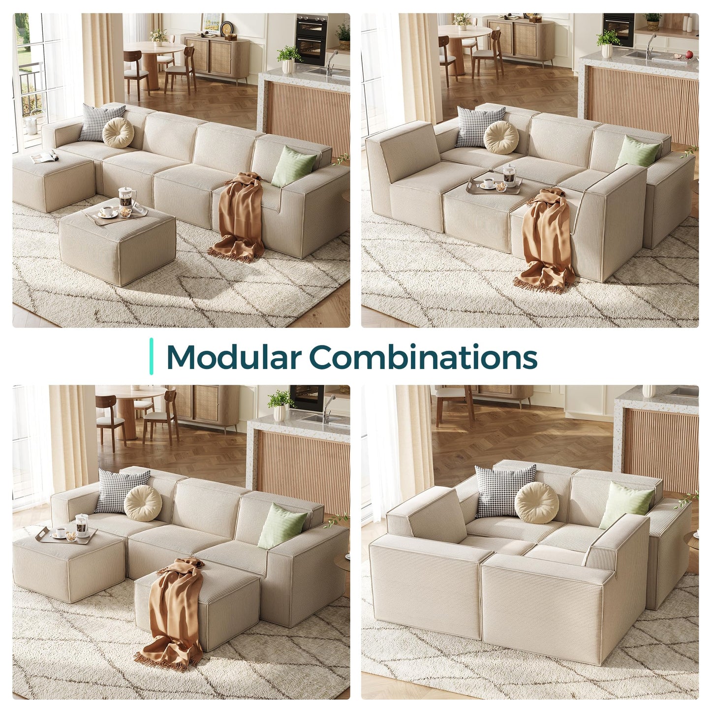 LINSY HOME Modular Sectional Sofa, 134" Boneless Couch U Shaped 4-Seat Sofa with 2 Movable Ottomans, Corduroy Sectional Cloud Couches for Living Room, No Assembly Required, Beige