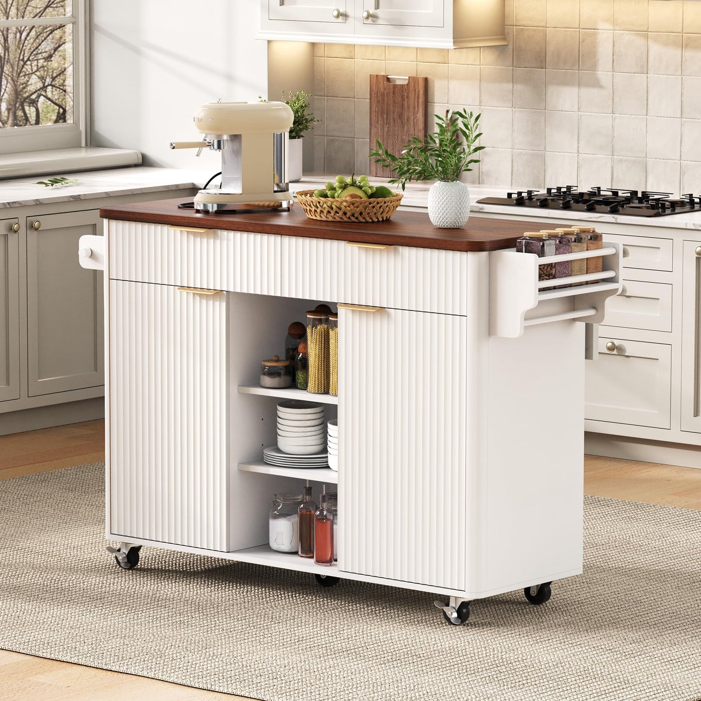 Merax Farmhouse 52 inch Kitchen Island on Wheels with Drop Leaf Table, Power Outlet, Wood Kitchen Rolling Cart with Faux Marble Top & 2 Doors & 2 Drawers, White