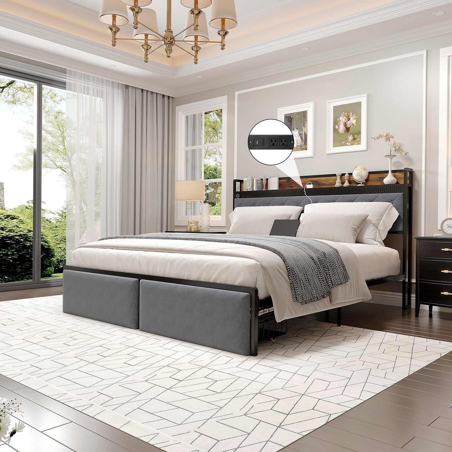 GarveeHome King Bed Frame with 2 Storage Drawers, LED Bed Frame with 2-Tier Storage Headboard&Charging Station, Metal Platform Bed Frame, No Box Spring Needed, Noise Free, Grey