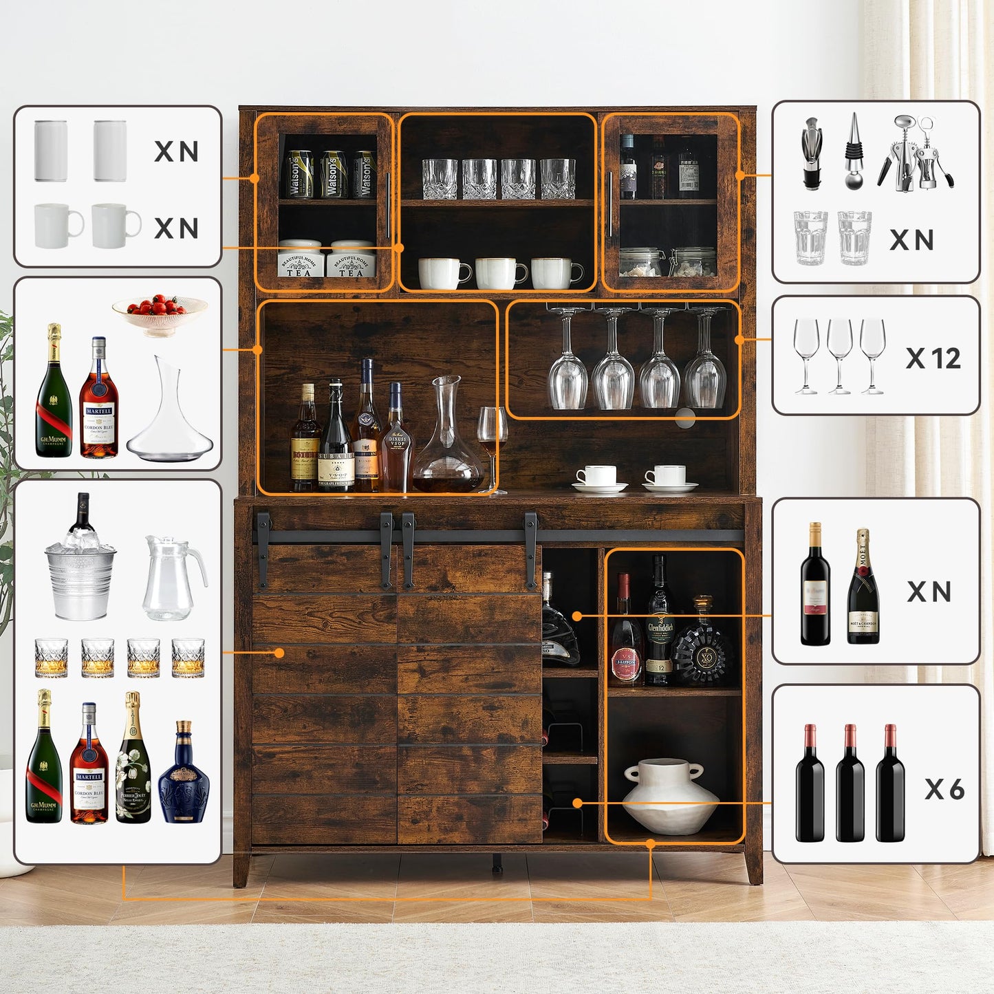 IDEALHOUSE 70'' Wine Coffee Bar Cabinet with Storage Hutch, Tall Kitchen Pantry Liquor Cabinet with Sliding Barn Doors, Bottle Glasses Rack, Farmhouse Buffet for Home Dining Room, Brown