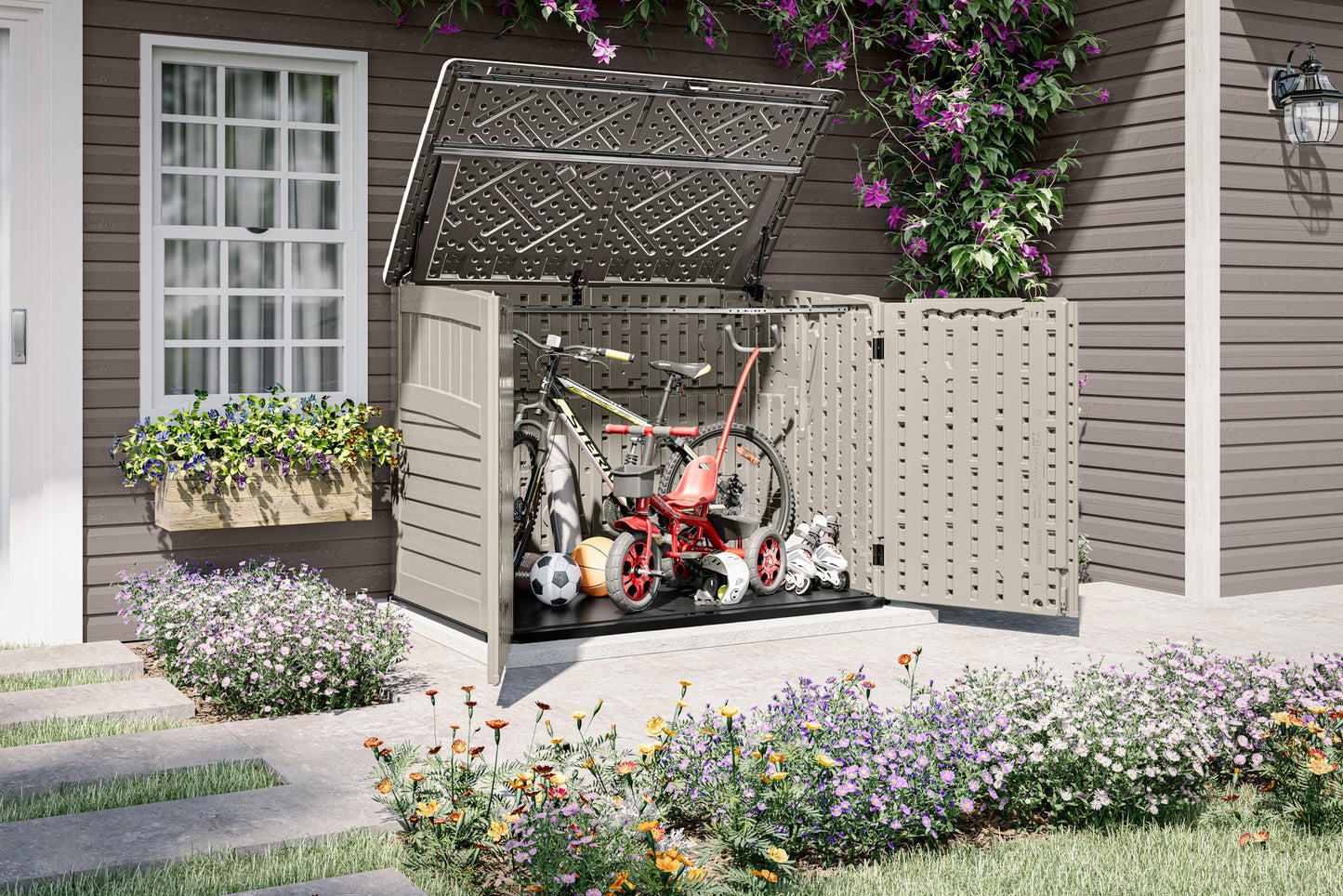 Suncast 5.9 ft. x 3.7 ft Horizontal Stow-Away Storage Shed - Natural Wood-Like Outdoor Storage for Trash Cans and Yard Tools - All-Weather Resin, Hinged Lid, Reinforced Floor - Made in the USA