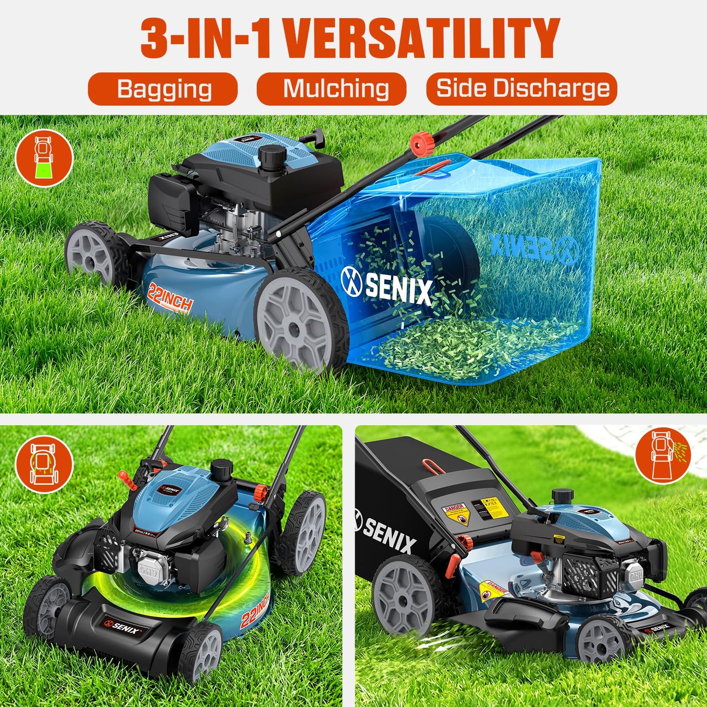 SENIX 201cc 22" 3-in-1 Gas Lawn Mower, Single Speed Rear Wheel Self-Propelled Mower, Mulching, Bagging, Discharging, 6 Cutting Height Adjustable, for Garden Yard