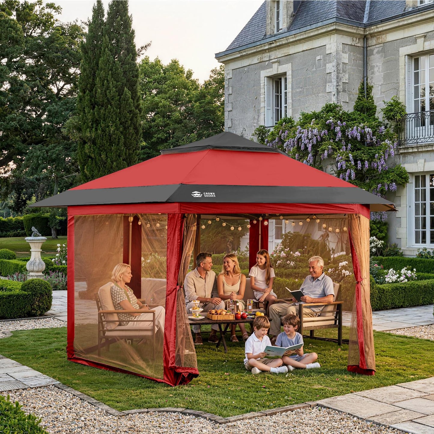 CROWN SHADES 13x13 Pop Up Gazebo with Mosquito Nettings, Patented CENTERLOK 6-Sided Portable Gazebo, 300D Silver-Coated Fabric UV Resistant, Pop Up Canopy Tent for Patio, Party, Red&Grey