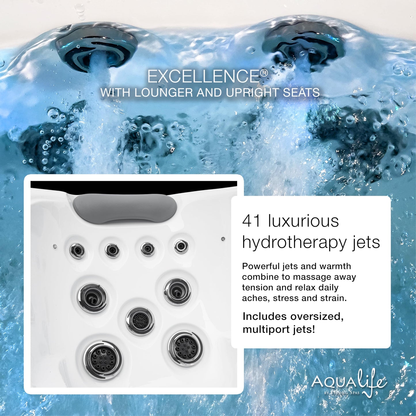 Excellence Outdoor Hot Tub, FIts 4 Adults, Indoor Outdoor Hot Tub, 41 Jets, Cover Included, Lounger Spa, Bluetooth Stereo, LED Water Fall, Wellness Tool, Aqualife by Strong Spas