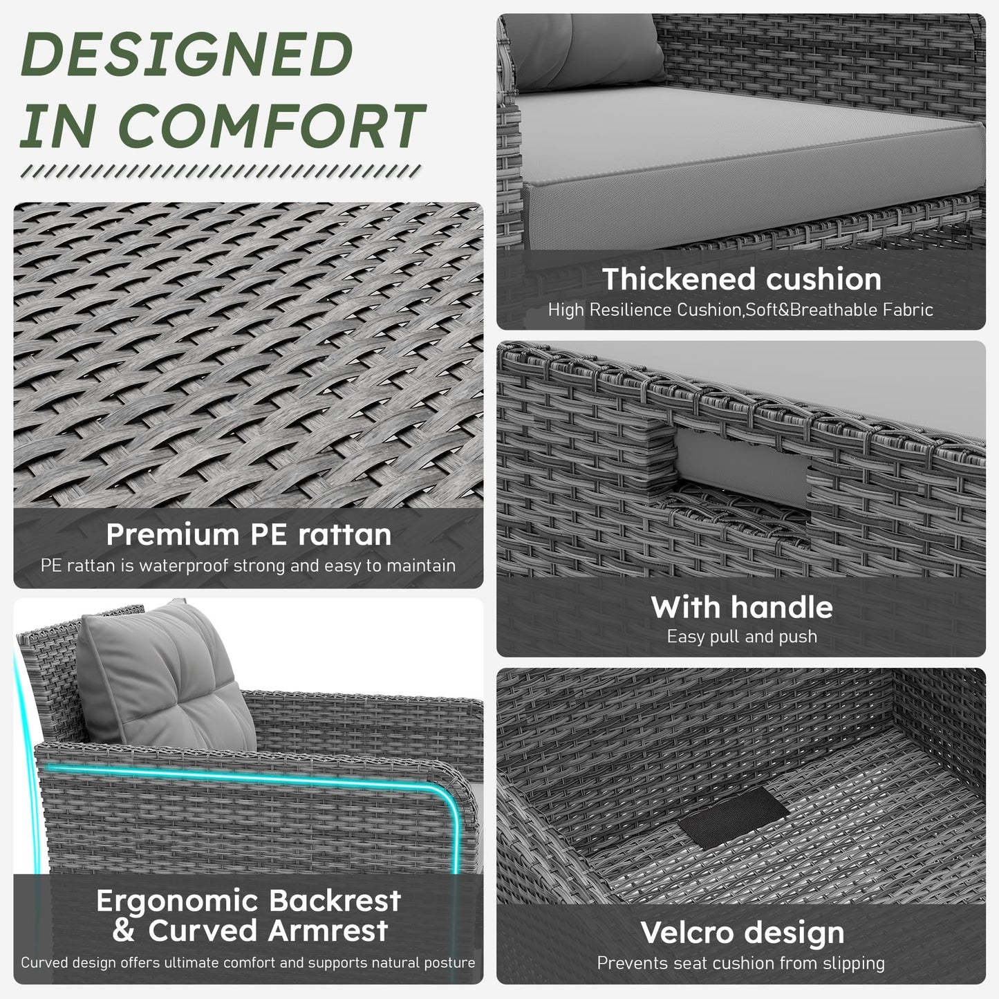 LHBcraft Balcony Furniture 5 Piece Patio Chairs Conversation Set, PE Wicker Rattan Outdoor Lounge Chairs with Soft Cushions 2 Ottoman-Glass Table for Porch, Charcoal