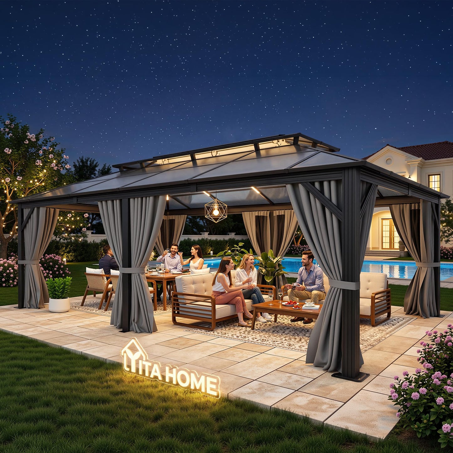 YITAHOME 12x20FT Gazebo Polycarbonate Hardtop Double Roof Canopy Outdoor with Netting and Shaded Curtains, Metal Frame Garden Tent for Patio, Backyard, Deck and Lawns, Grey