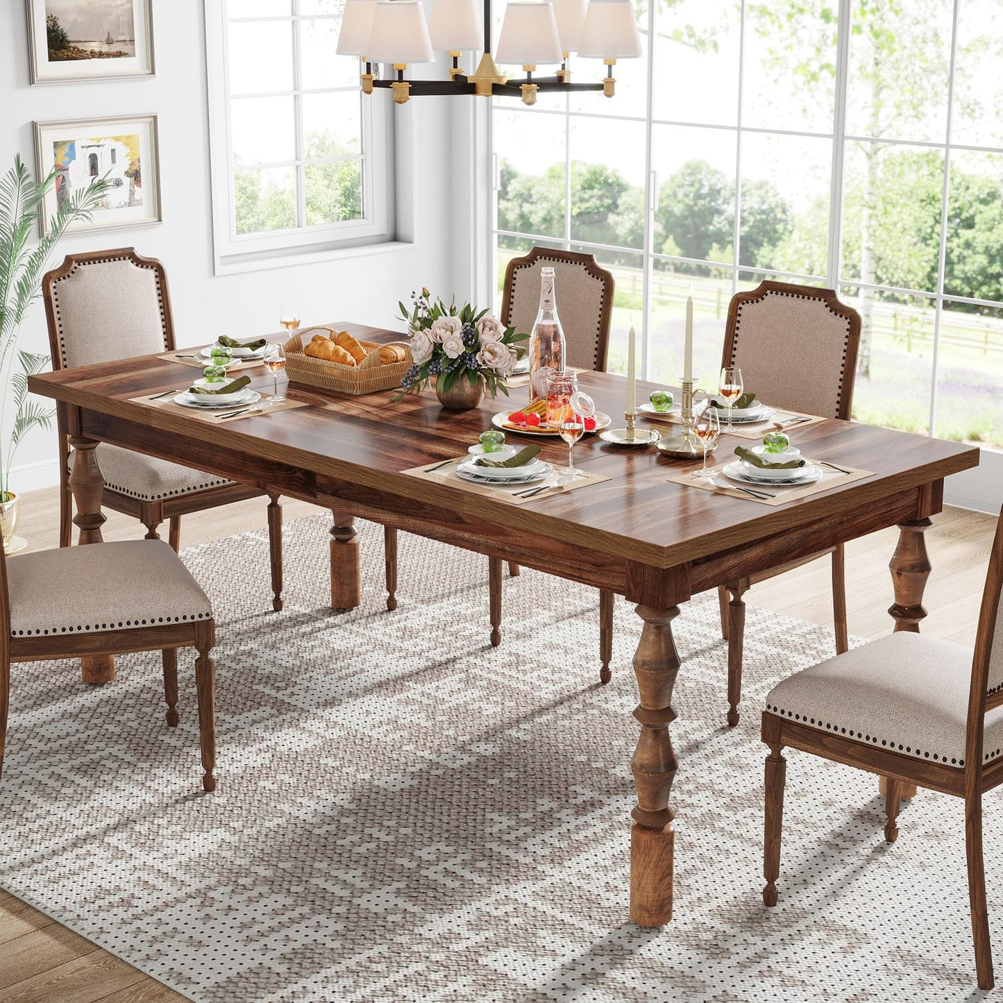 Tribesigns 62” Farmhouse Dining Table for 4-6 People, Large Rectangle Kitchen Table, Dinner Table Kitchen & Dining Room Furniture with Carved Turned Legs