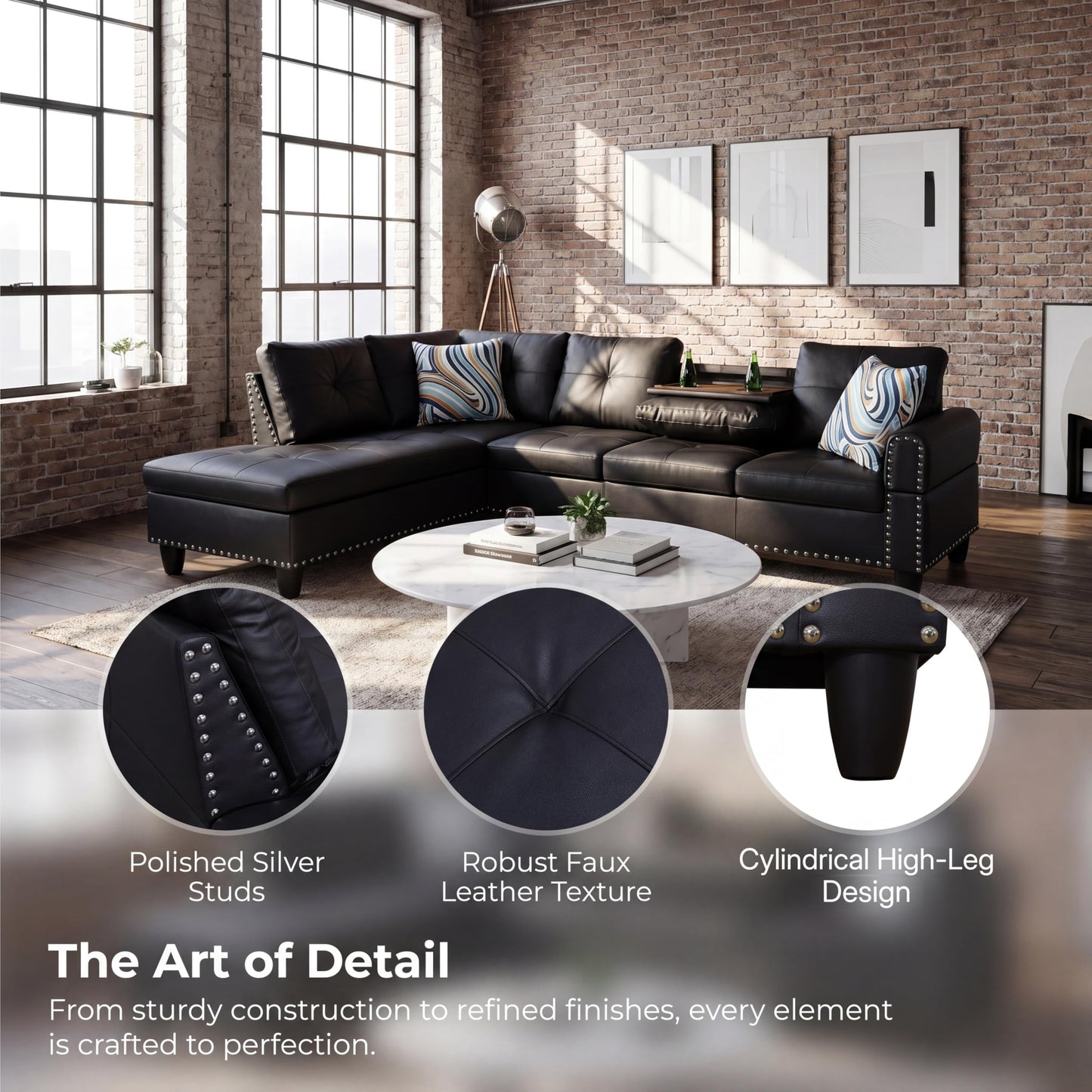 Topcomfy Leather L Shaped Sectional Couches for Living Room - 97.5“ x 69.5" Modular Sectional Sofa with Storage Ottoman, 4 Seat Home Sofa Living Room Furniture Sets with Chaise for Apartment, Black