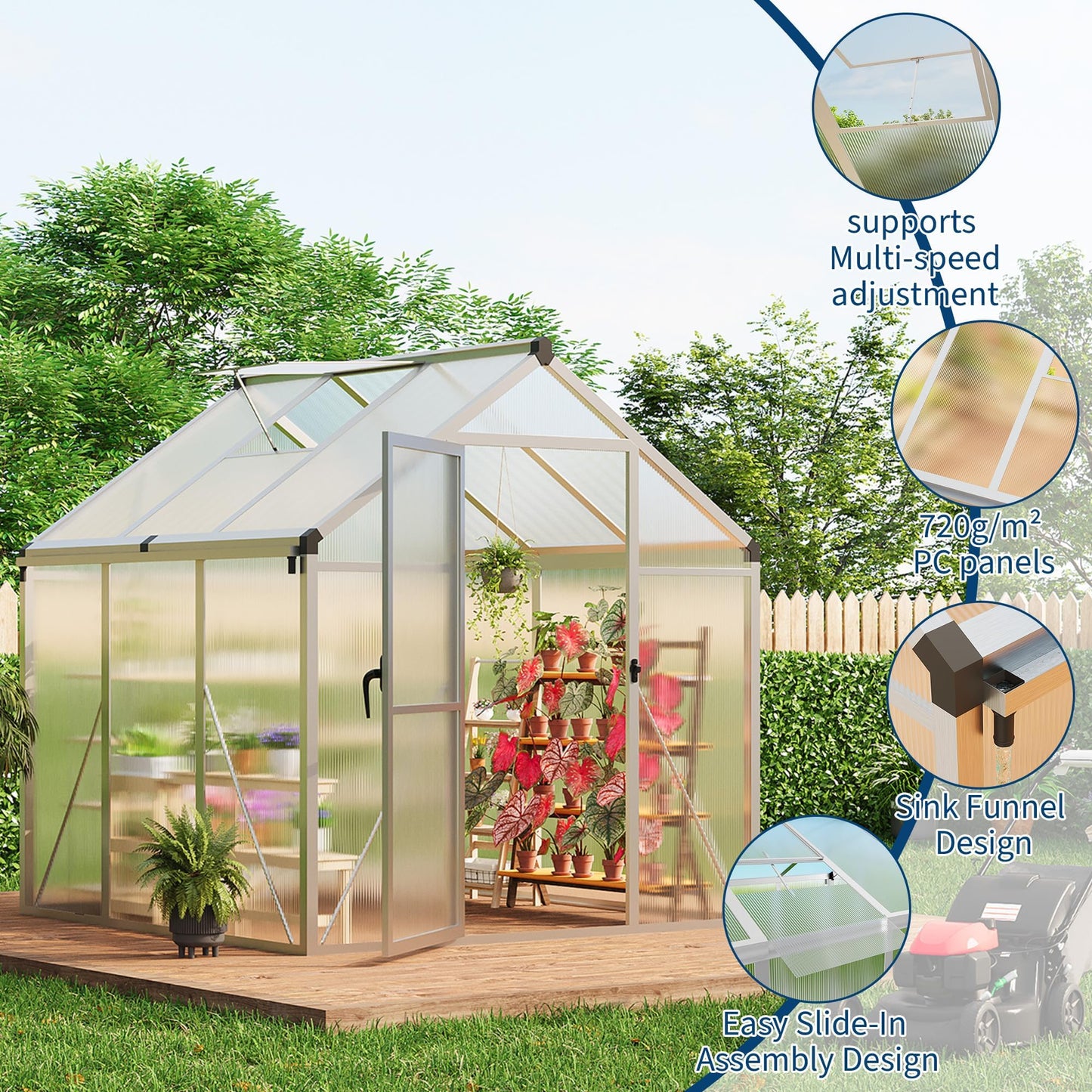 6 x 6 FT Greenhouse, Outdoor Greenhouses, Polycarbonate Panels with Aluminum Frame, Adjustable Roof Vent and Lockable Door, Green Houses for Outside Backyard, Garden, Patio