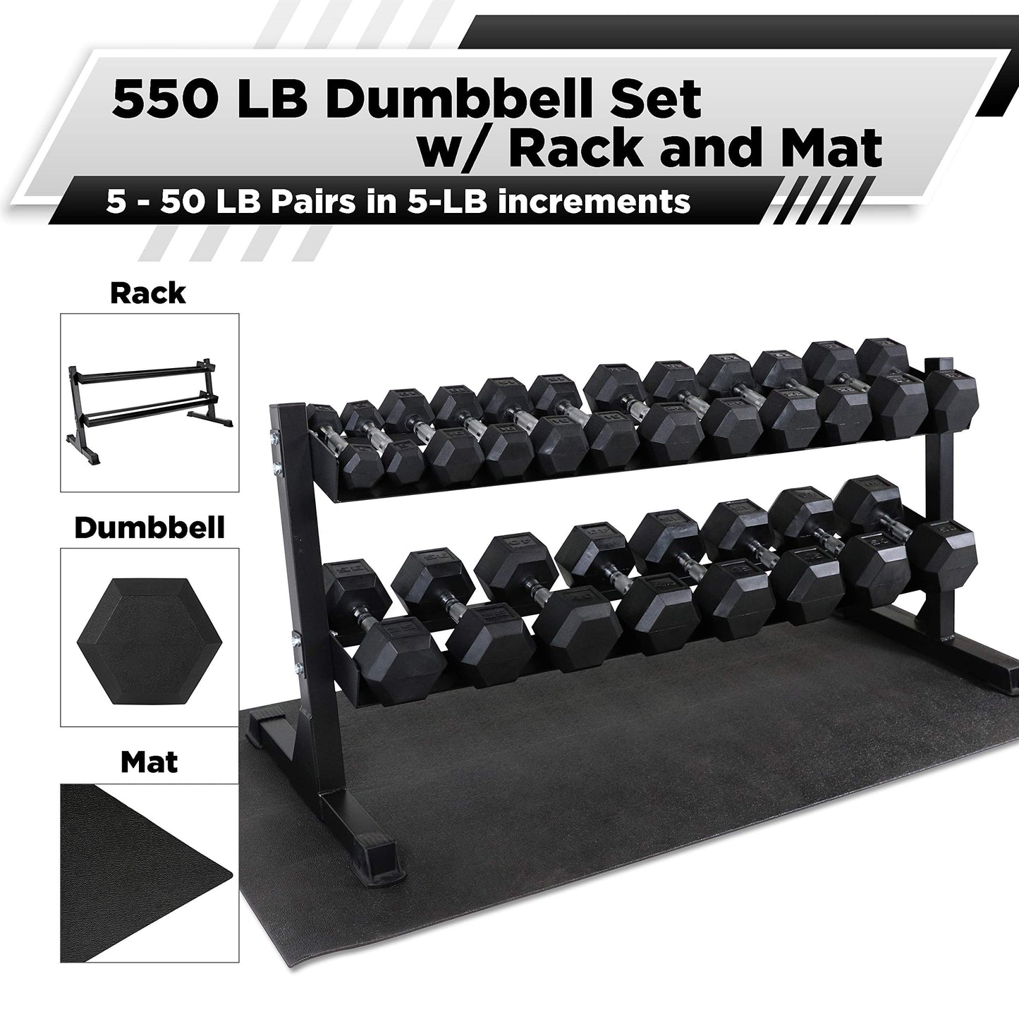 WF Athletic Supply Rubber Coated Hex Dumbbell Set, Multiple Choices Available - Dumbbells with Rack Stand and Mat, or Dumbbells Only (200/550/1200/2100/3000 LB)