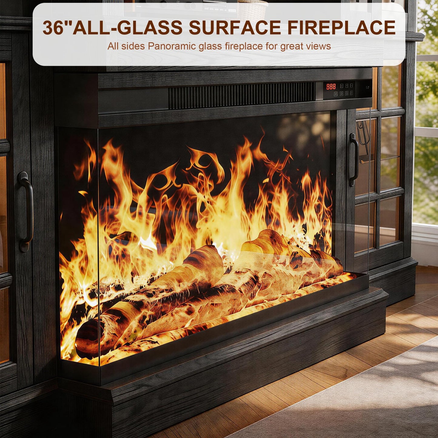 MXV 70" Fireplace TV Stand, 3-Sided Glass Fireplace and Modern Entertainment Center, Wooden Media Console with Glass Doors & Storage Drawers, LED Light, for Living Room, Black