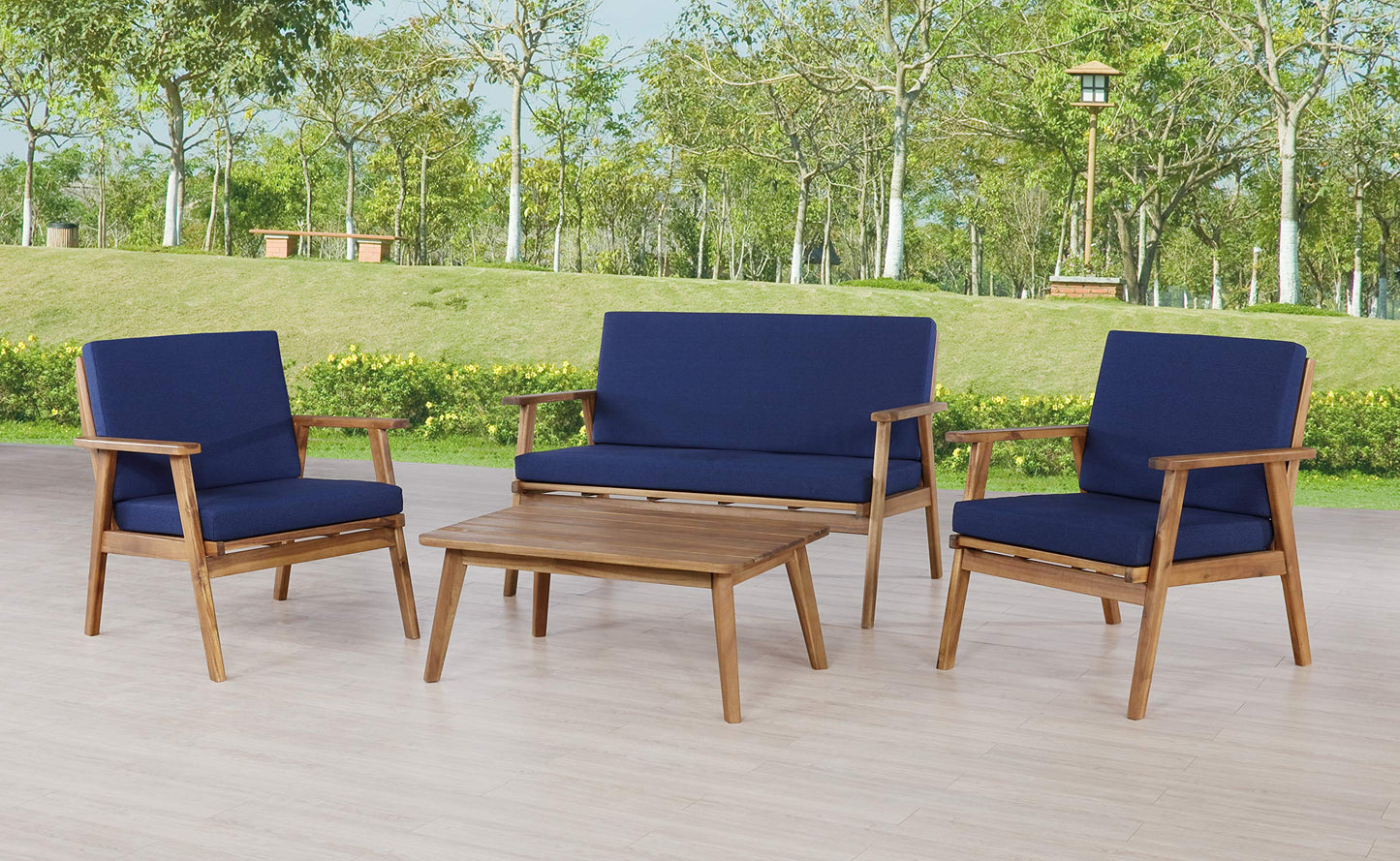 Linon Rosemary Solid Acacia Wood Four Piece Outdoor Chat Set with Blue Removable Cushions